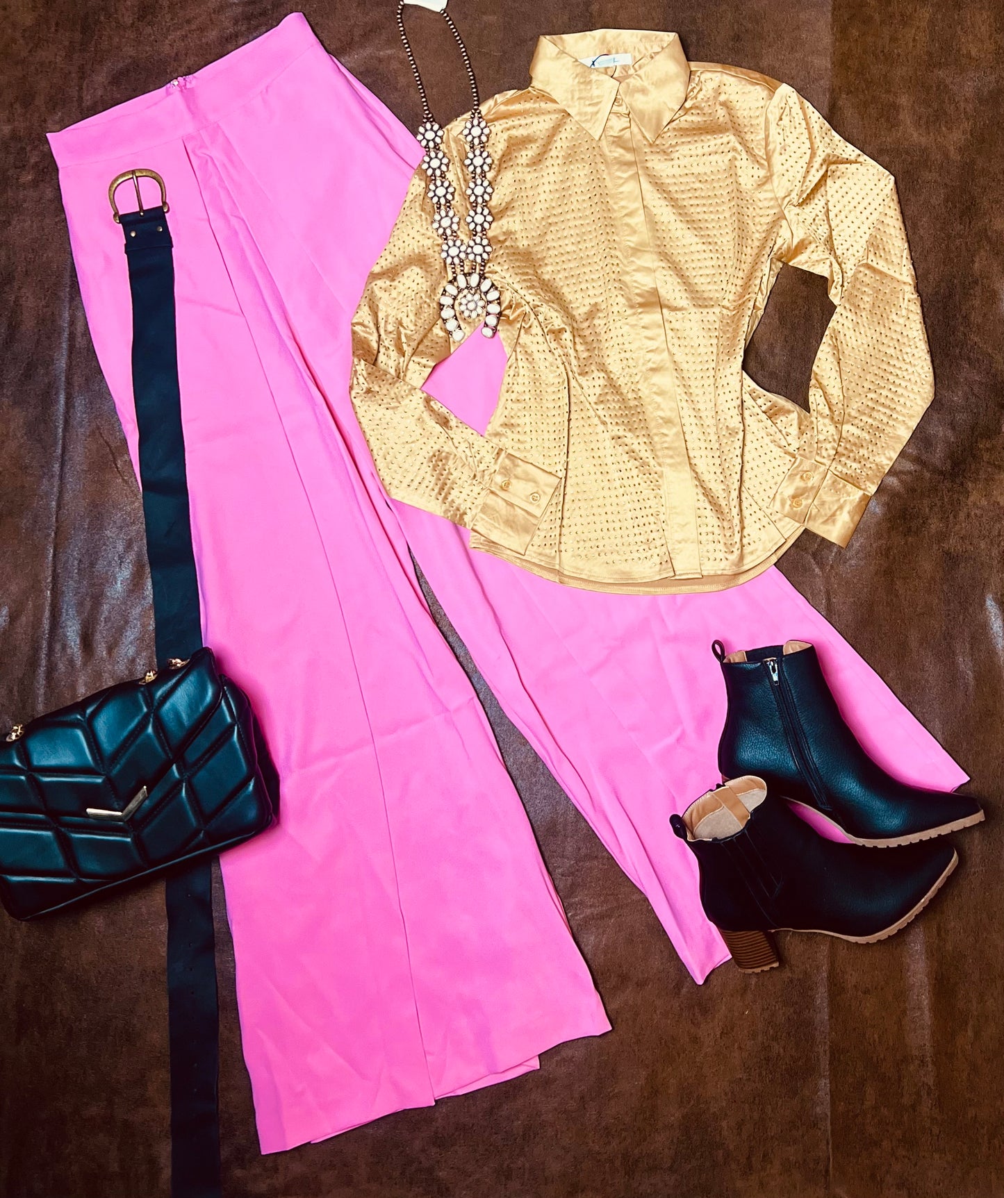 LONG SLEEVE BUTTON UP STUDS DETAILES BLOUSE in taupe