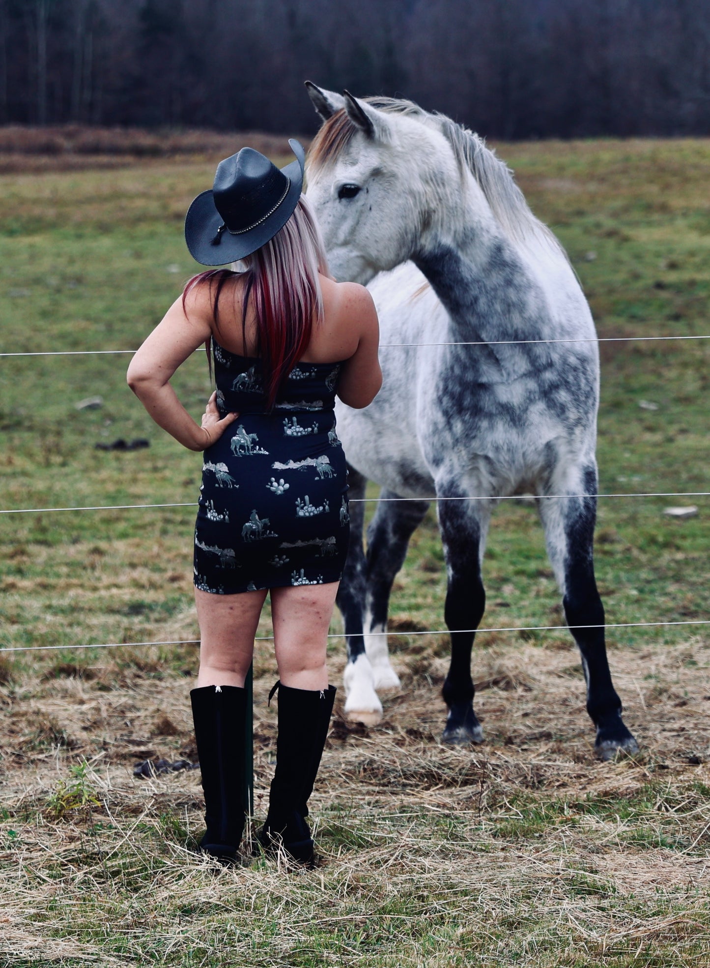 Black Western Cowboy Desert Printed Strapless Dress
