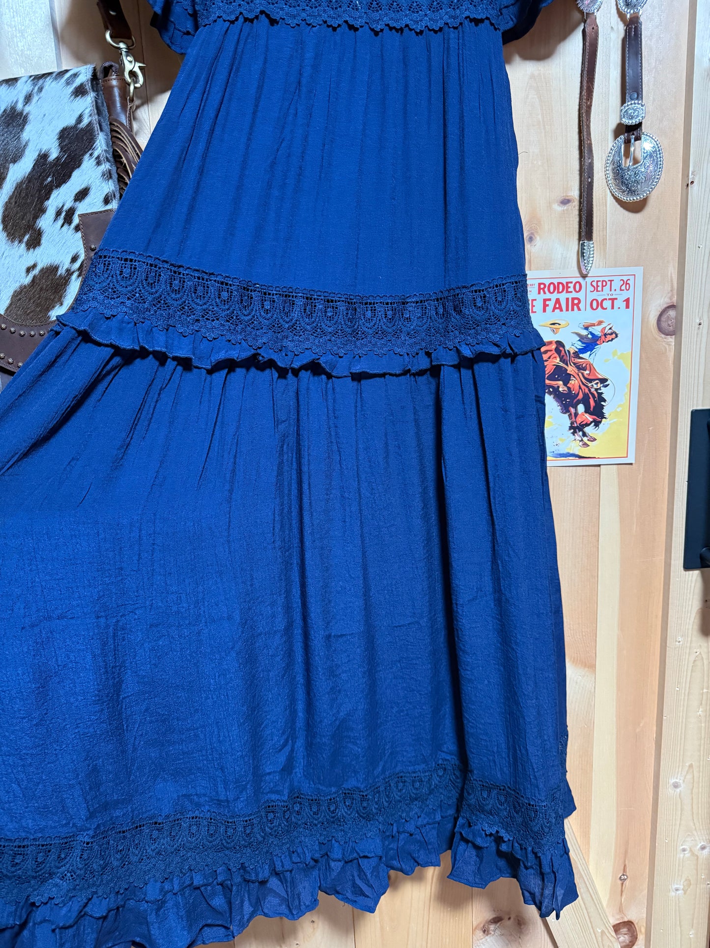Navy V-Neck Lace Trim Maxi Dress