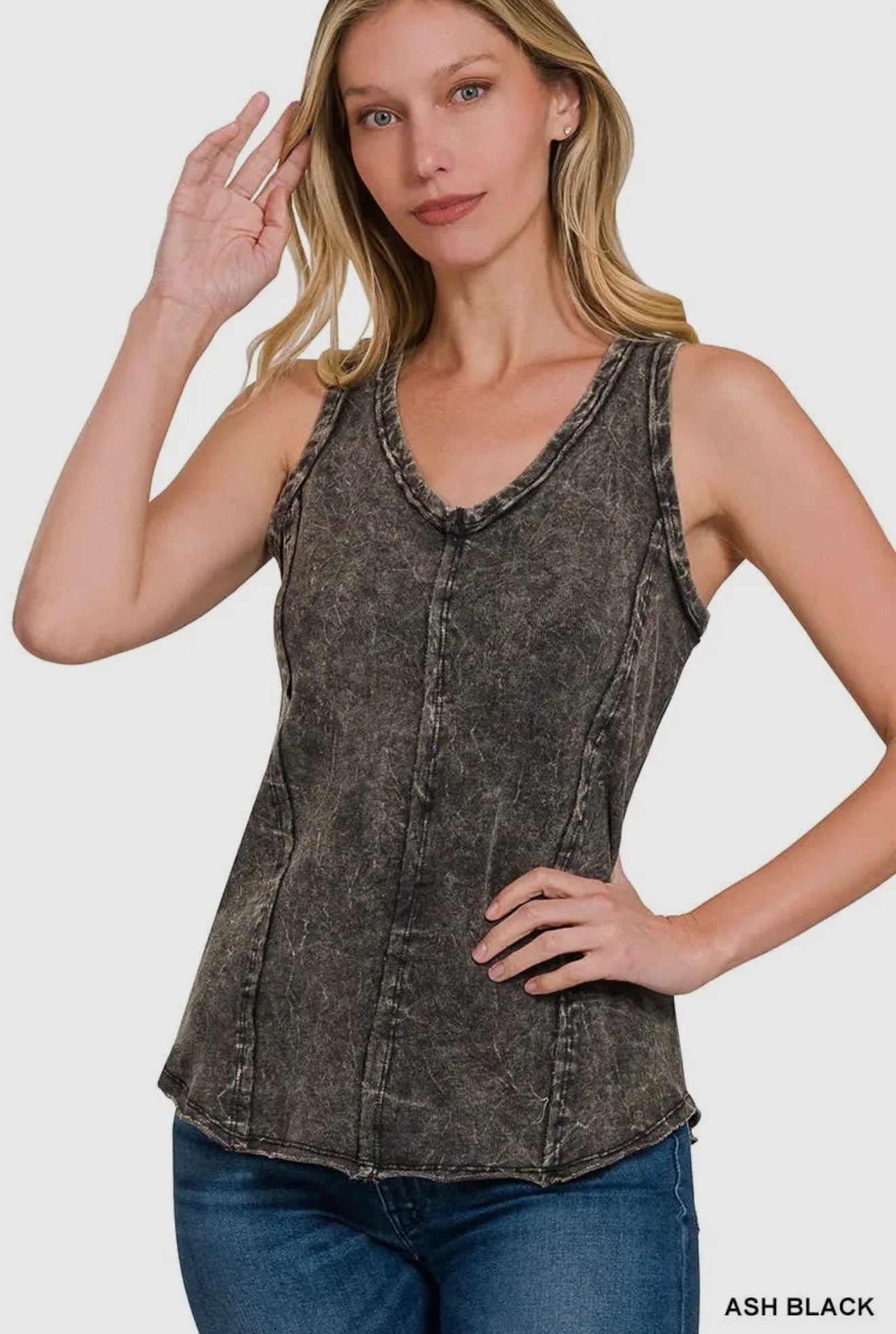 Zenana Crinkle Washed F/Terry Raw Edge Top in Ash Black
