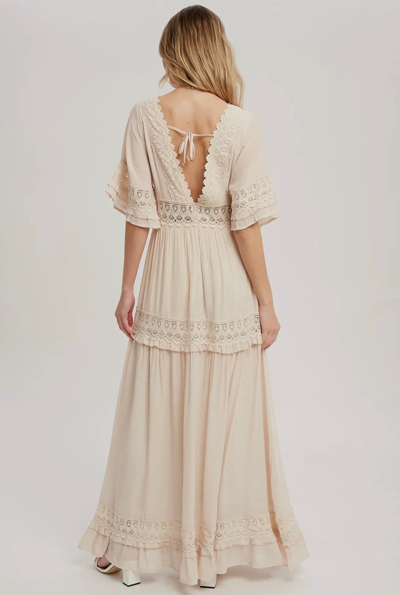 V-Neck Lace Trim Maxi Dress