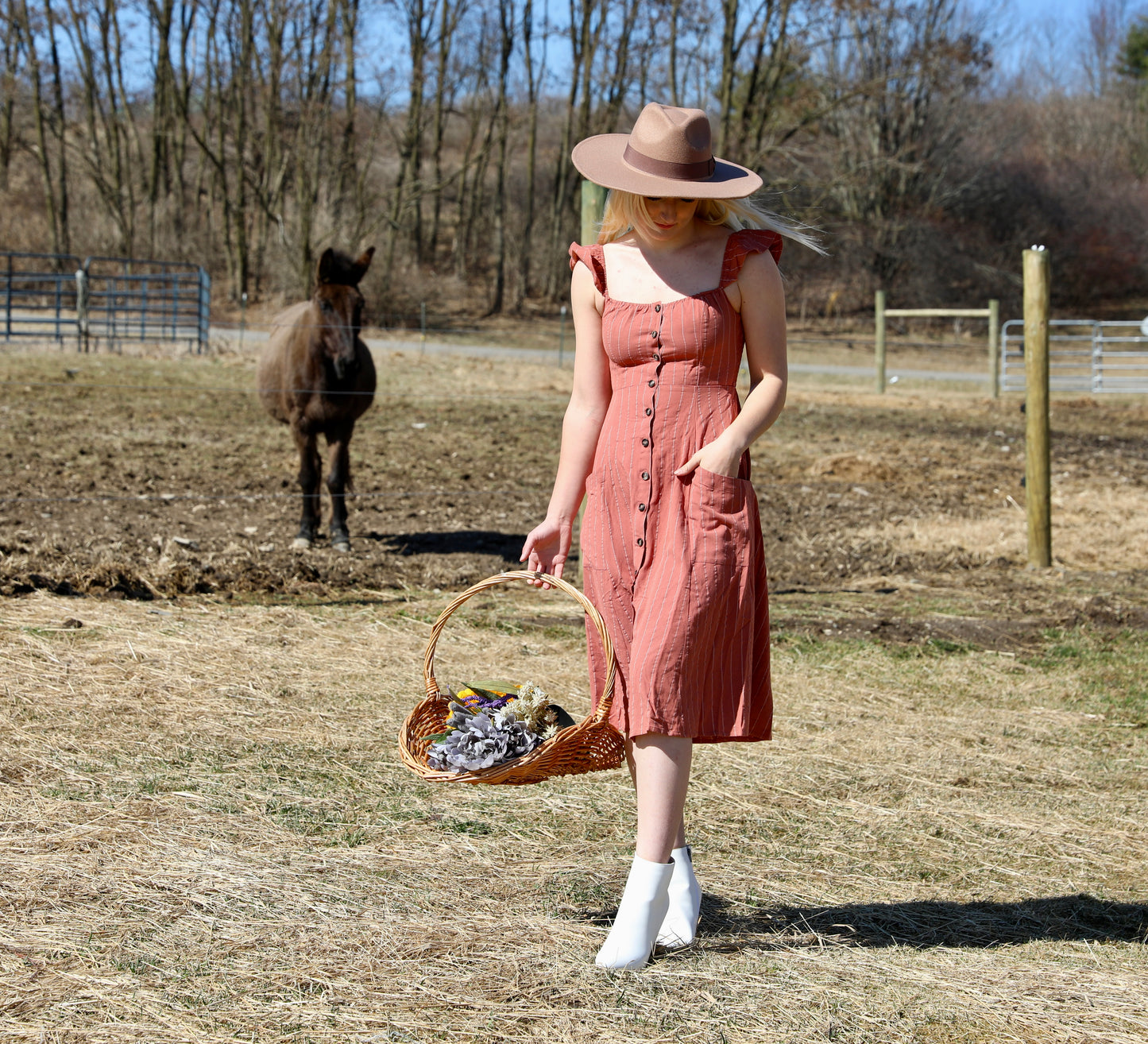 Pinstripe Flutter Sleeve
Midi Dress