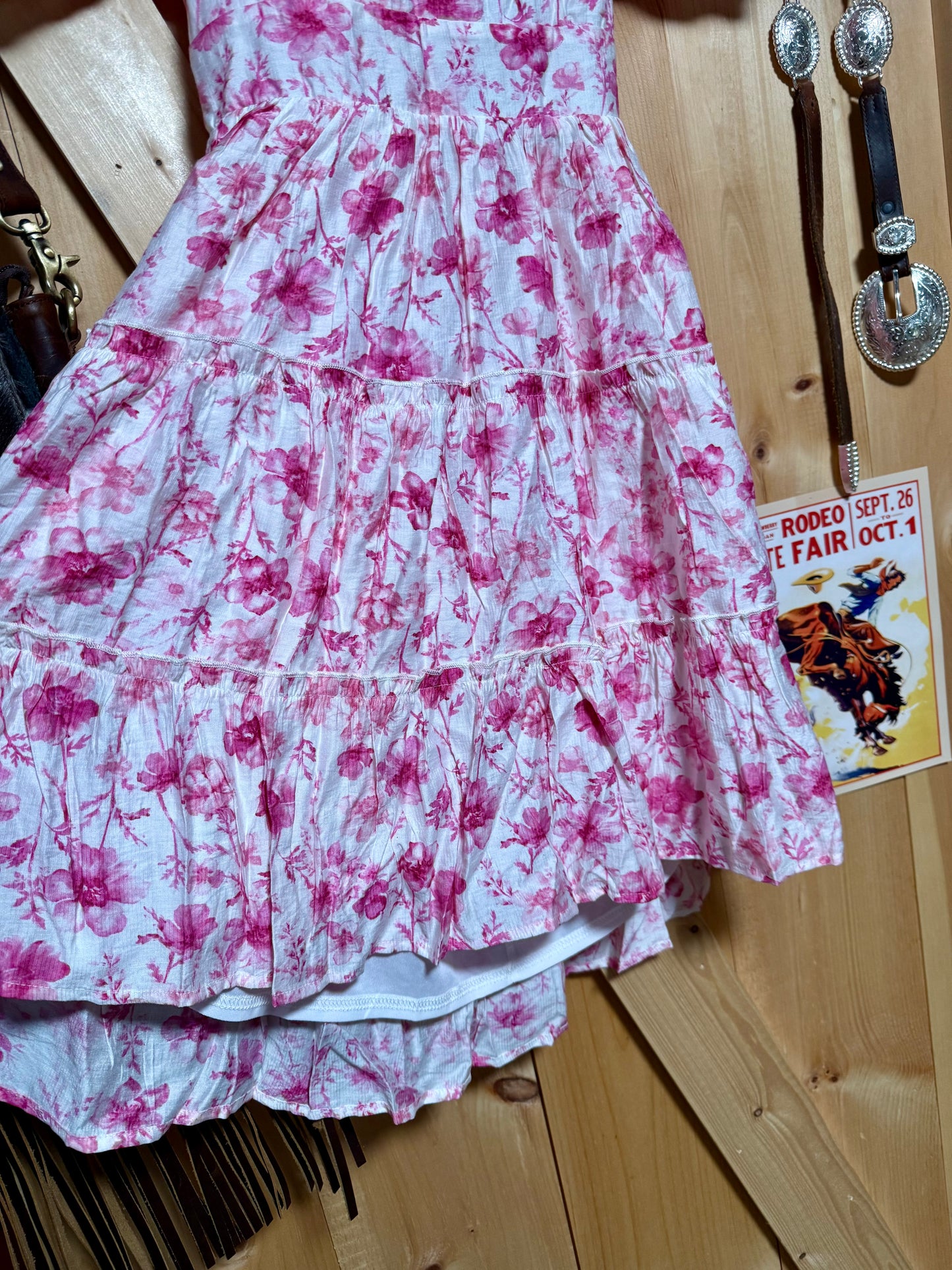 Pink Floral Open Back with Tie Tiered
Mini Dress