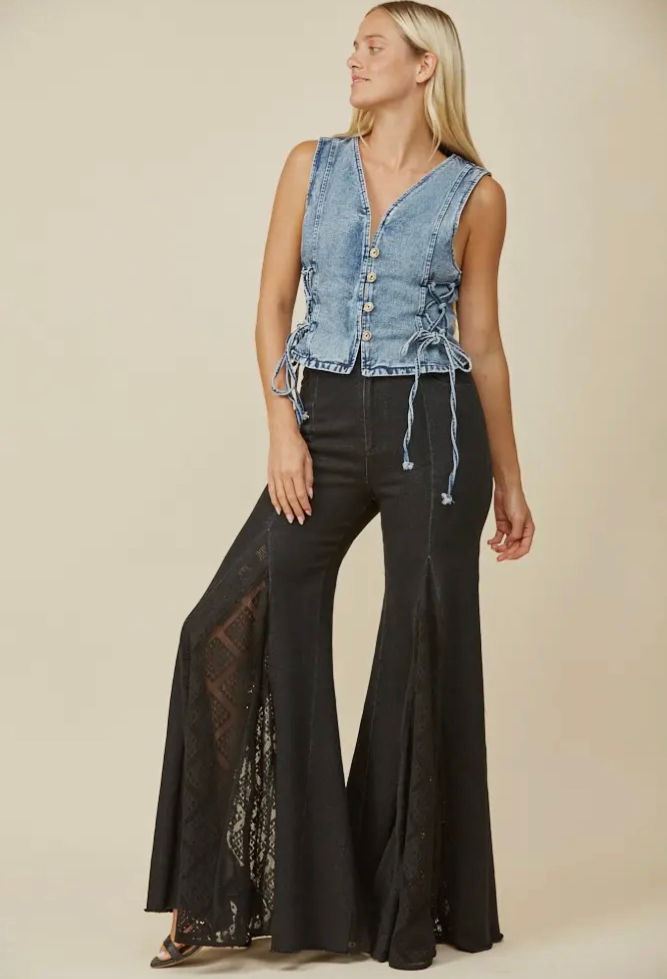 Black Denim Lace Detail Wide Leg Jeans