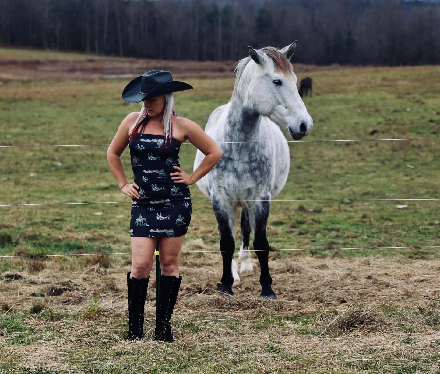 Black Western Cowboy Desert Printed Strapless Dress