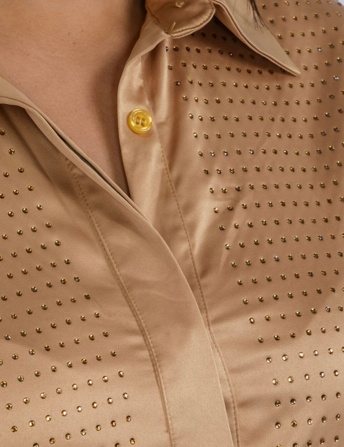 LONG SLEEVE BUTTON UP STUDS DETAILES BLOUSE in taupe