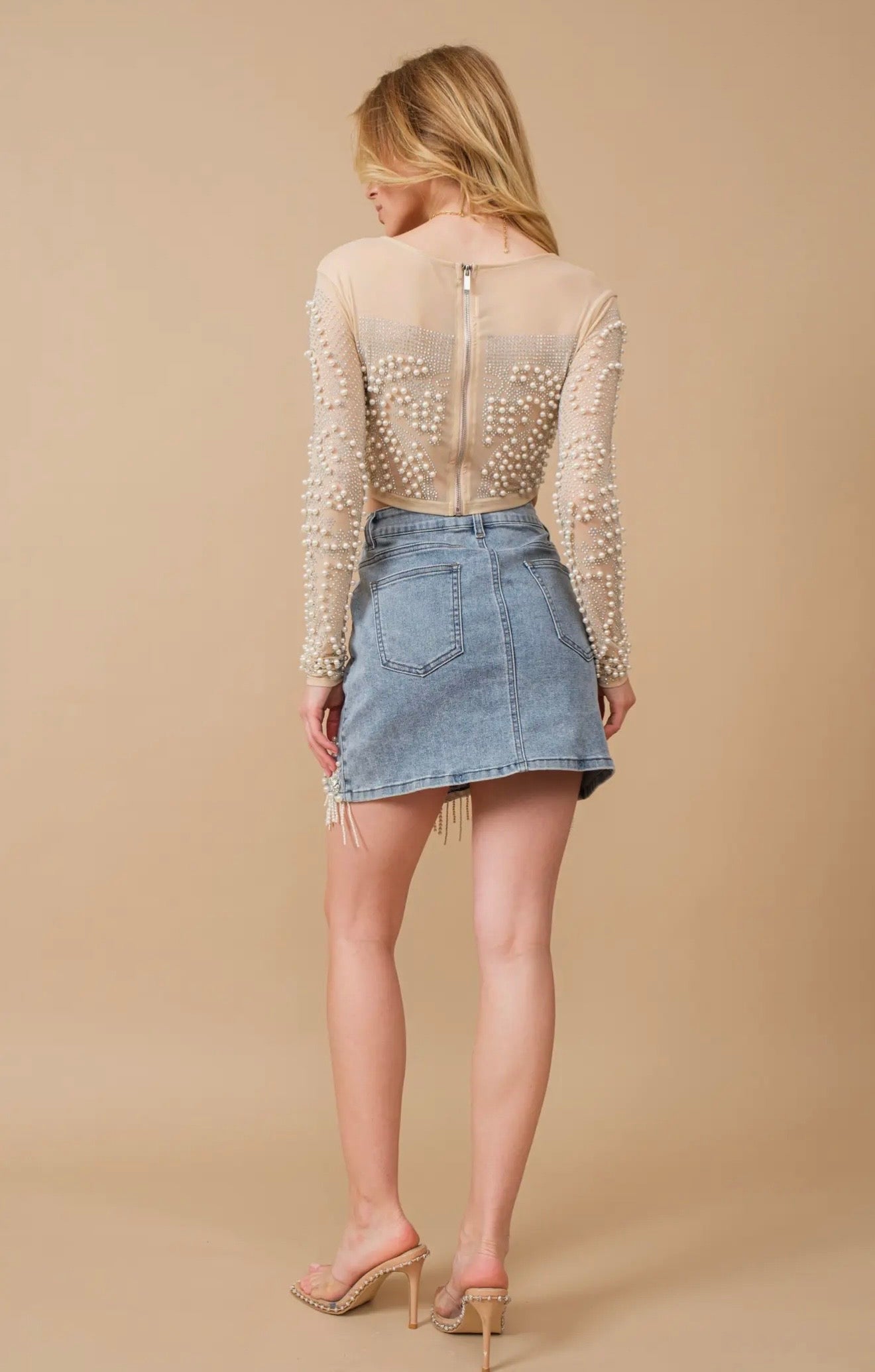 Stretch Denim Embellished Pearl
Fringe Mini Skirt