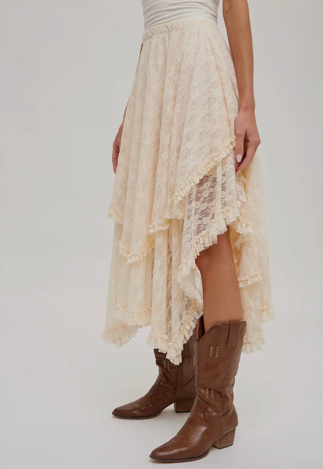 Ecru Lace Tier Midi Skirt