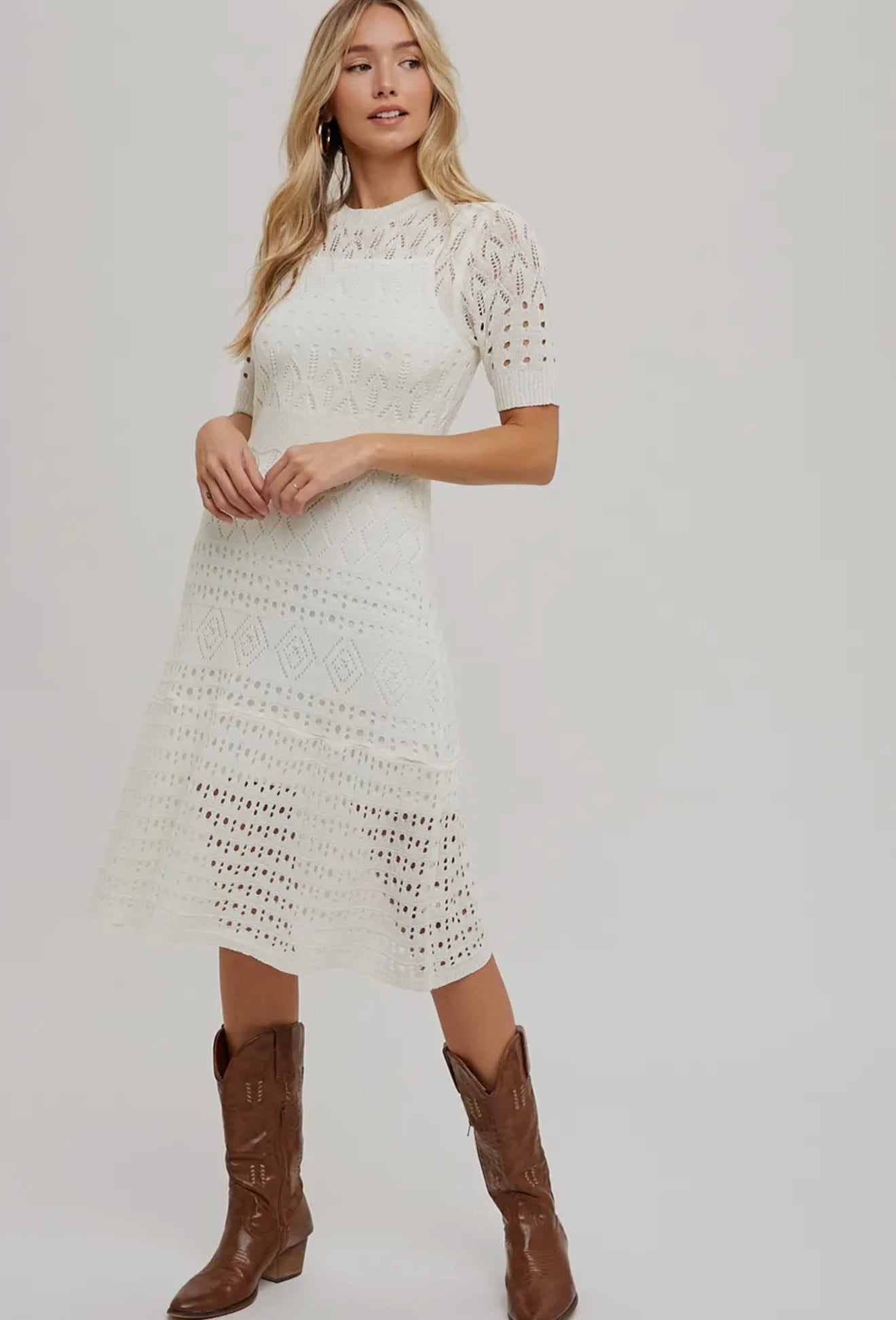 Open Knit Crochet Midi Dress with Liner