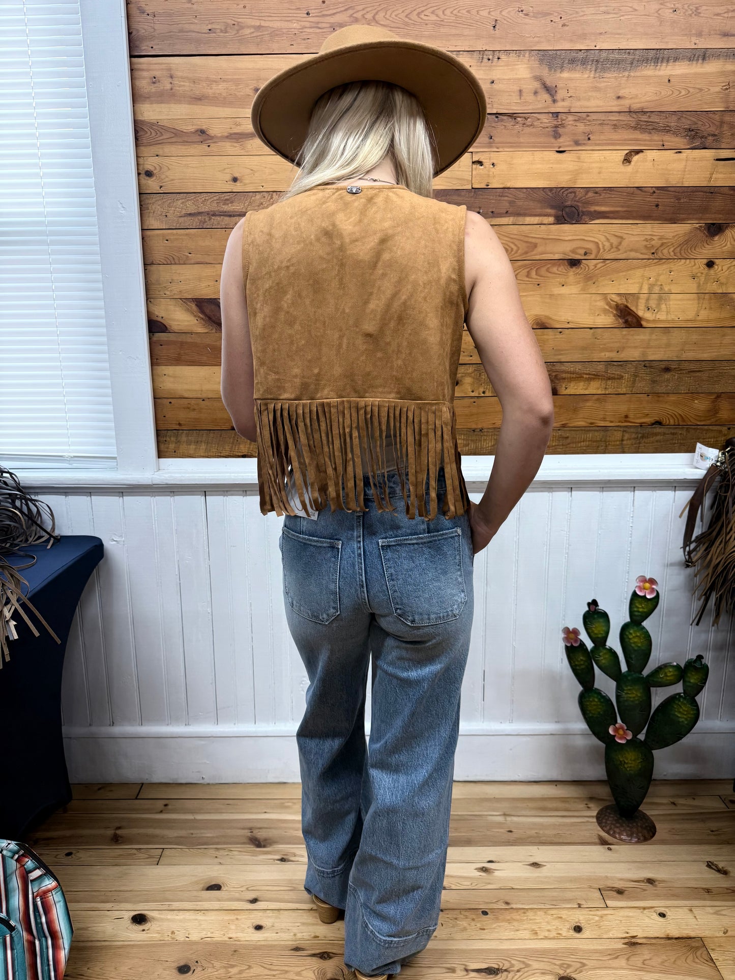 Camel Horse Printed Studded Fringe
Hem Vest