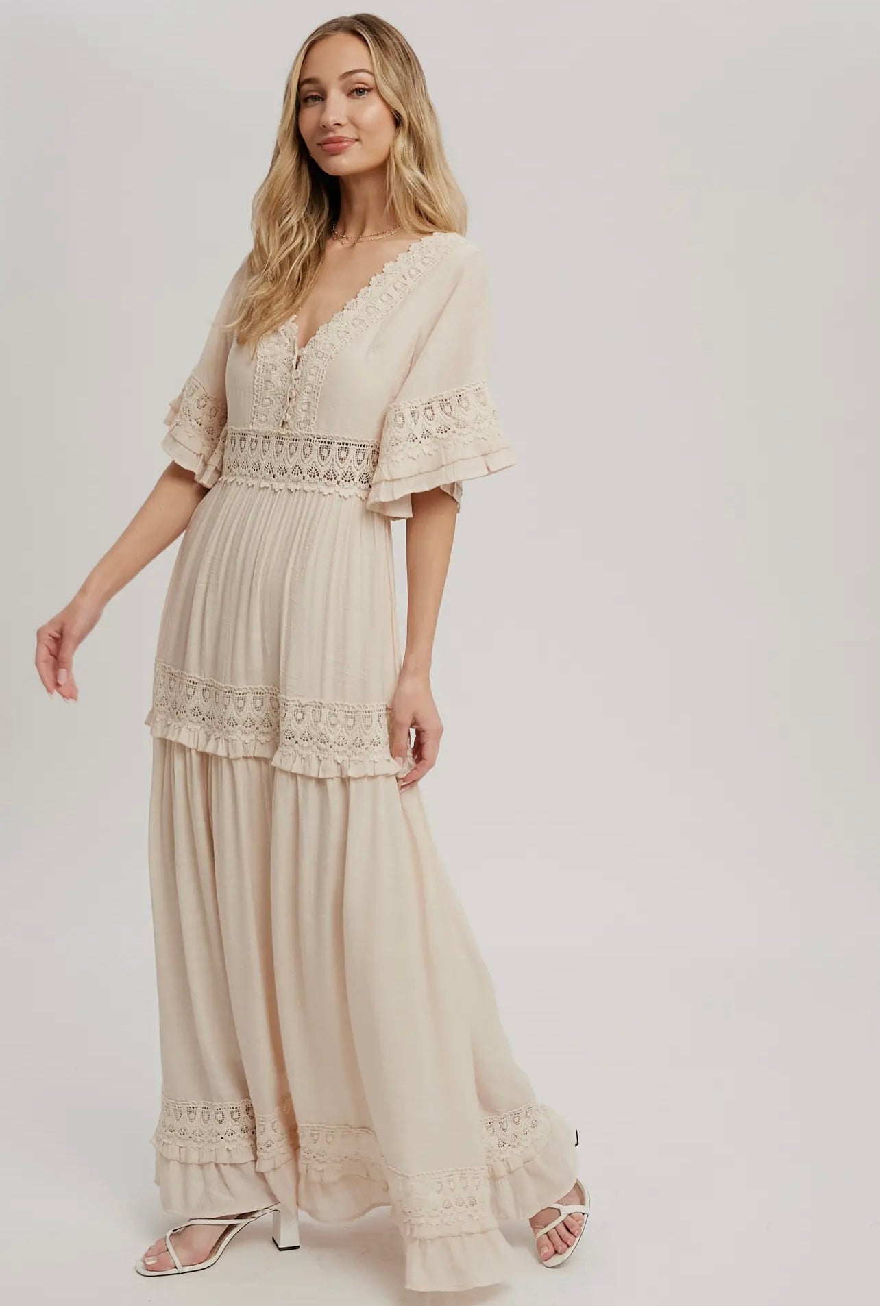 V-Neck Lace Trim Maxi Dress