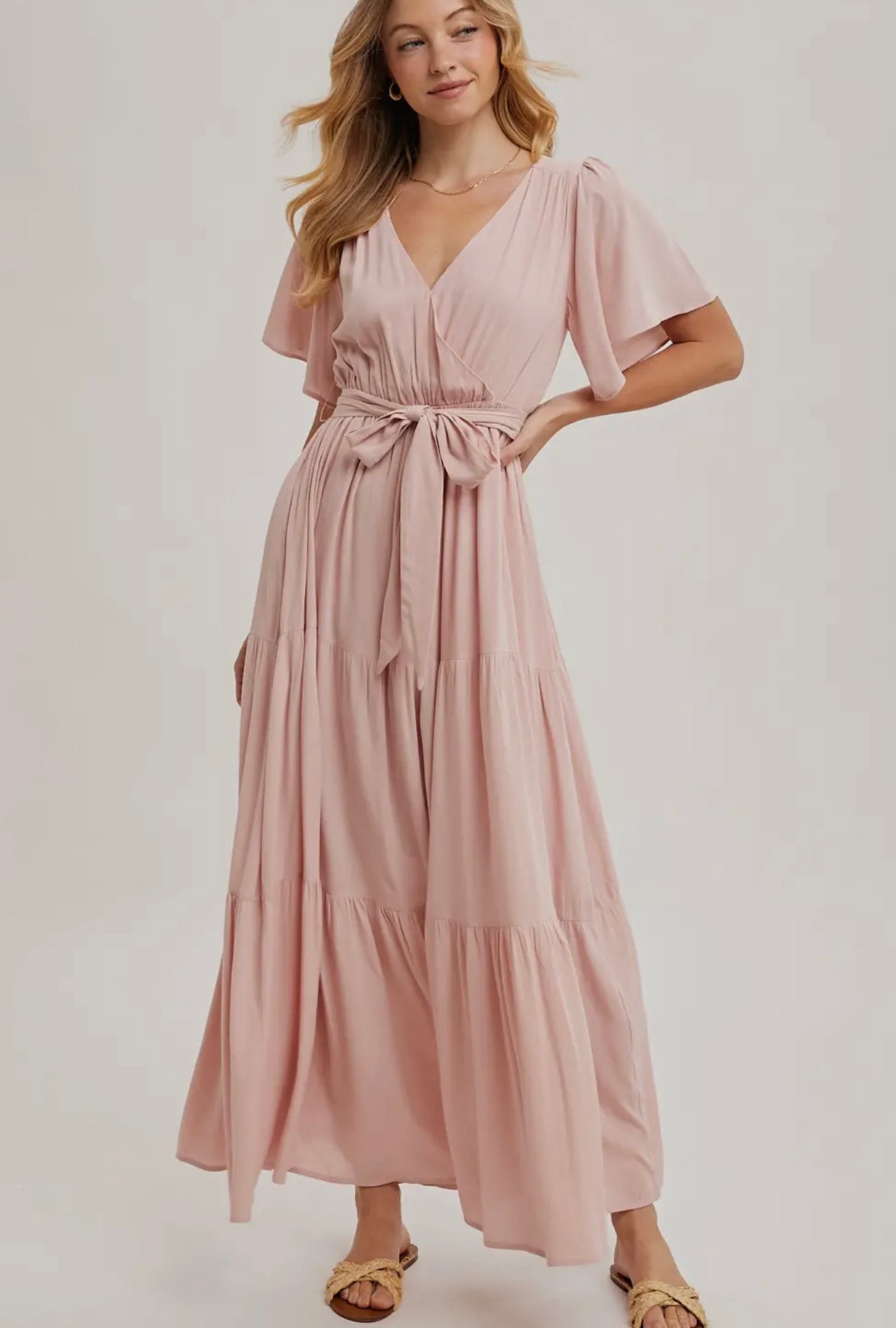 Wrap Tiered Maxi Sundress with Lining in Rose