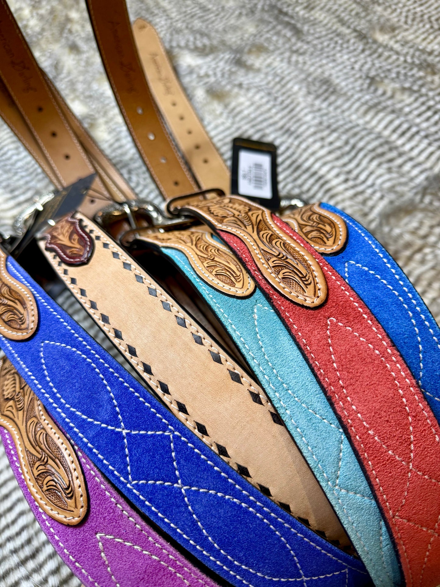 American Darling Turquoise Suede Western Belt - Hand-Tooled Leather Inlay with Engraved Buckle
