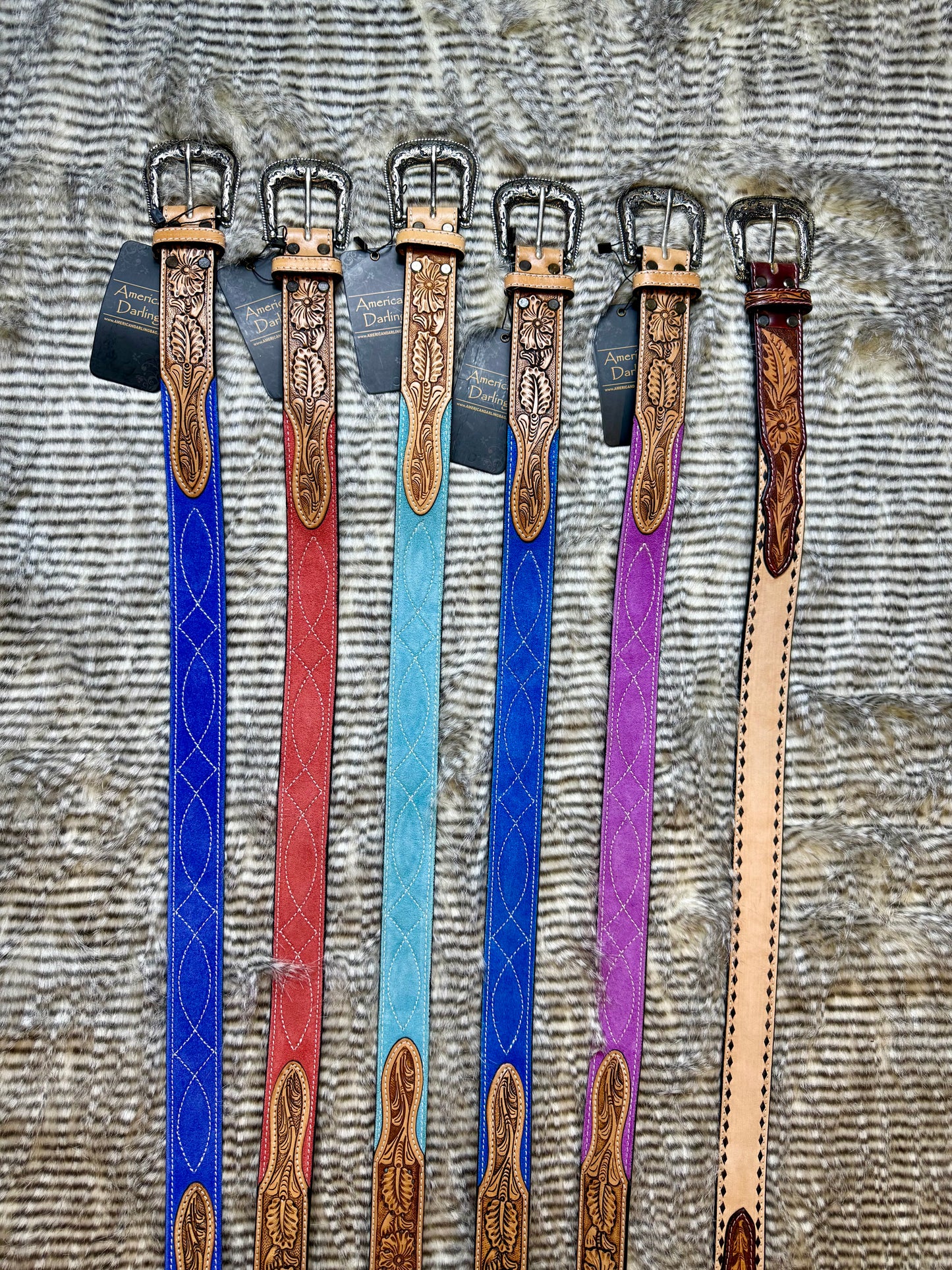 American Darling Turquoise Suede Western Belt - Hand-Tooled Leather Inlay with Engraved Buckle