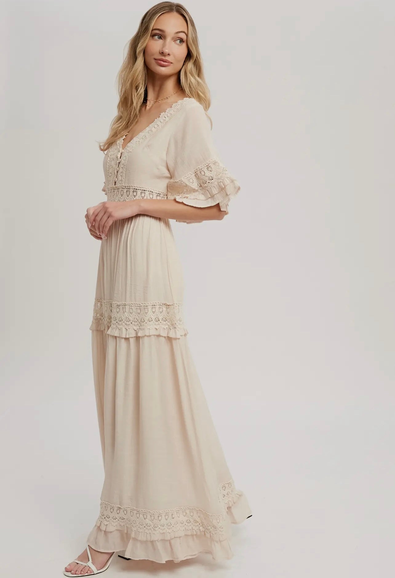 V-Neck Lace Trim Maxi Dress