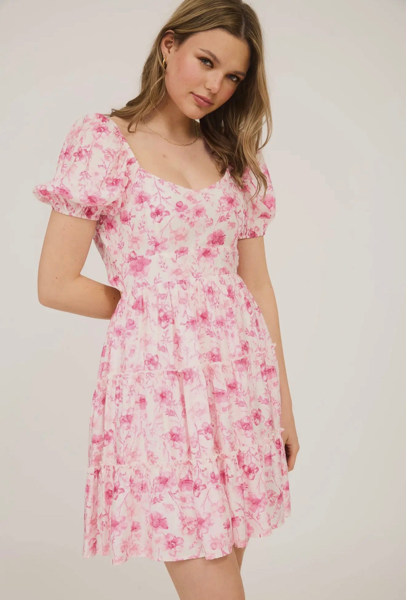 Pink Floral Open Back with Tie Tiered
Mini Dress