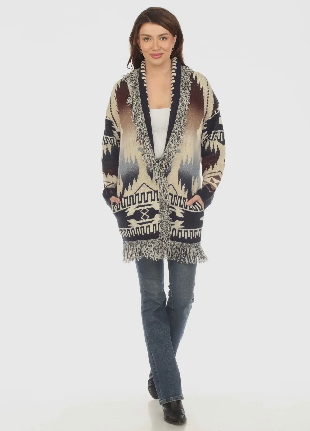 Women's Lake Wide Fringe Aztec Open Front Cardigan