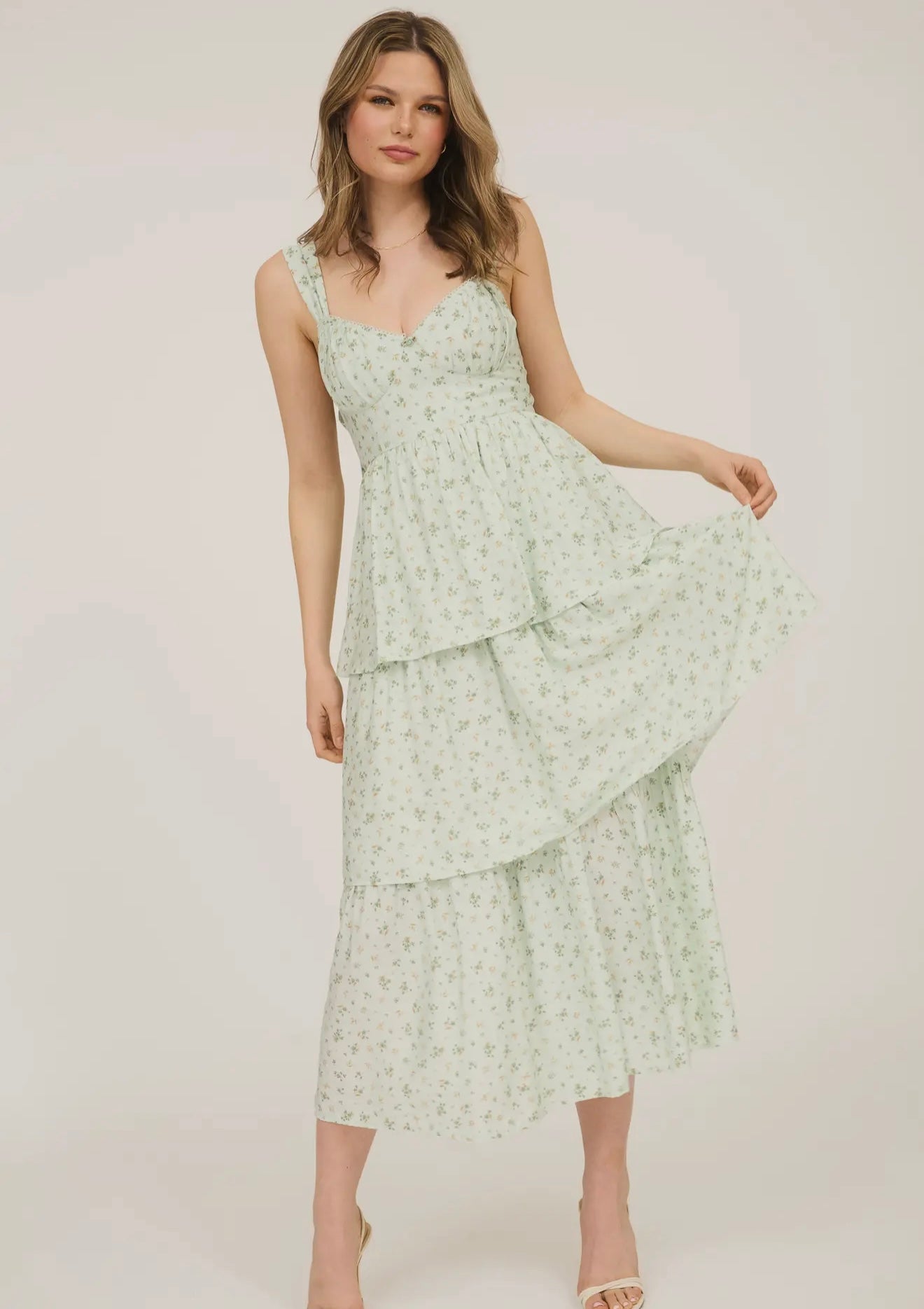 Sage Floral Sleeveless Corset Ruffle Tiered Midi Dress