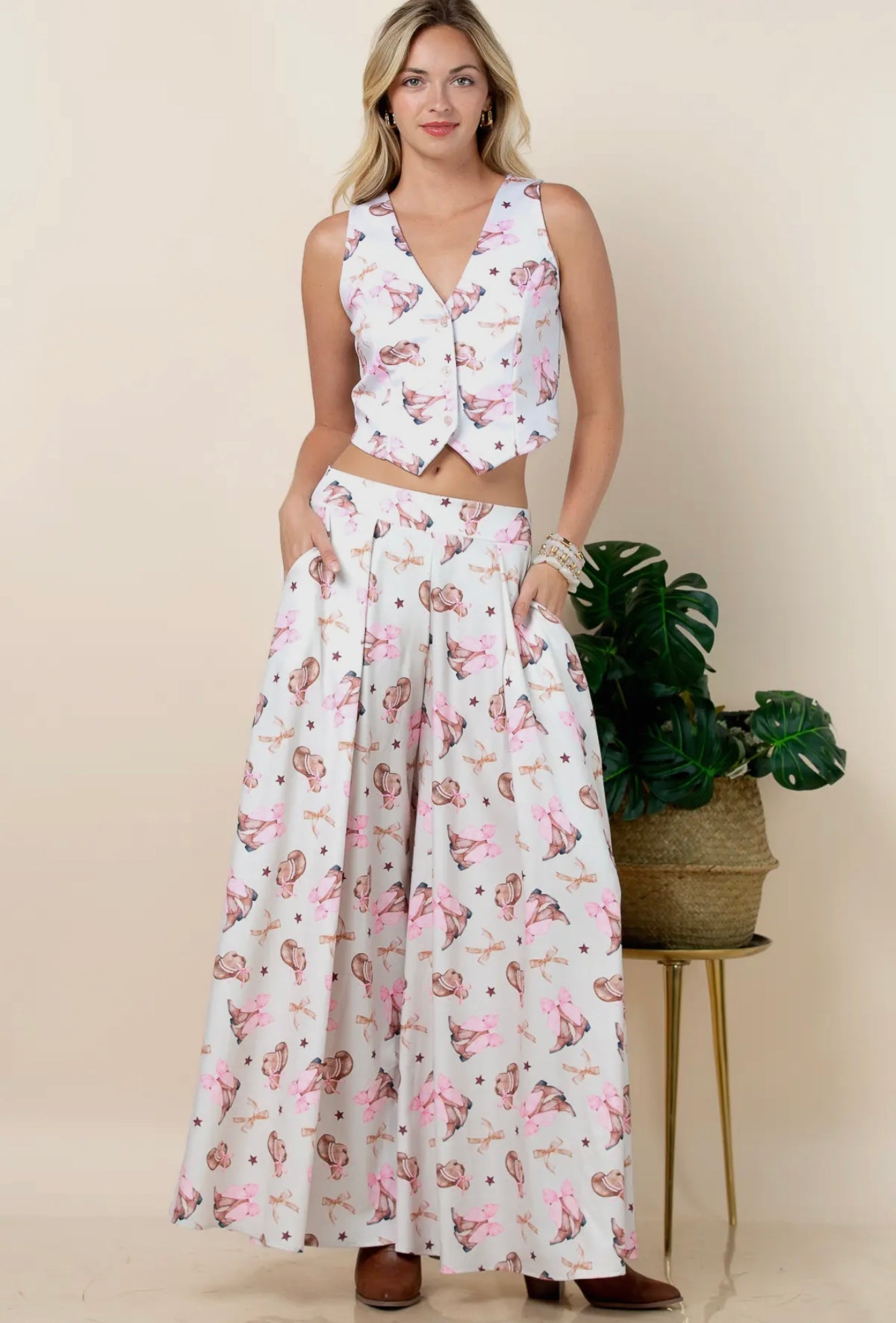 Evie Coquette Ribbon Print
Wide Leg Palazzo Pants