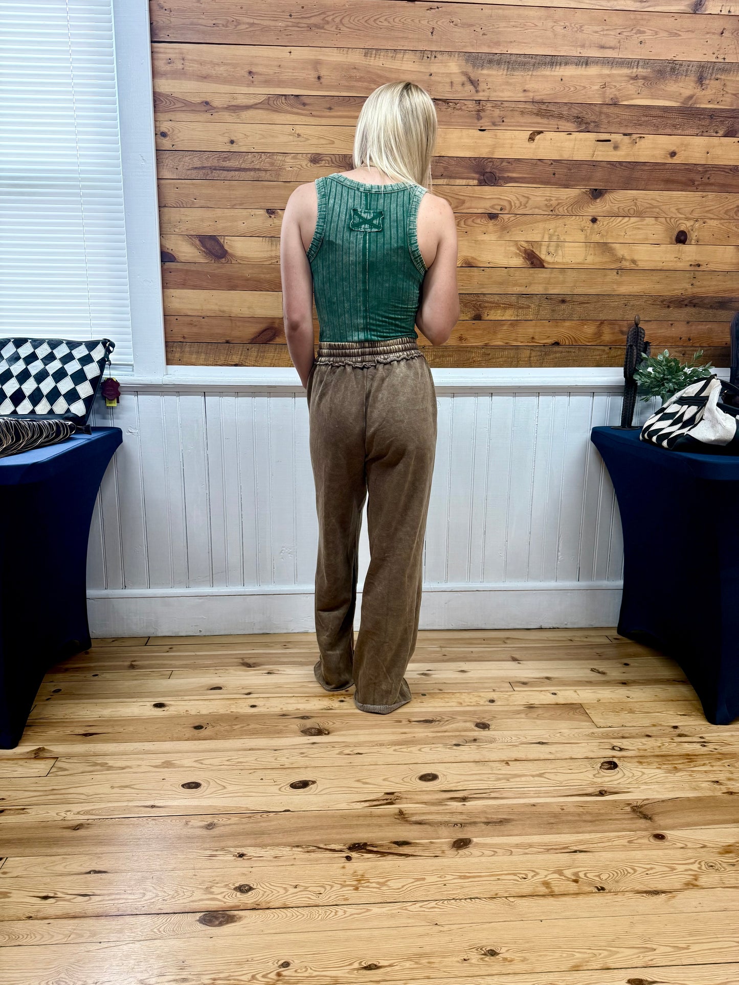 Zenana Acid Wash Fleece Palazzo Sweatpants with Pockets in Mocha