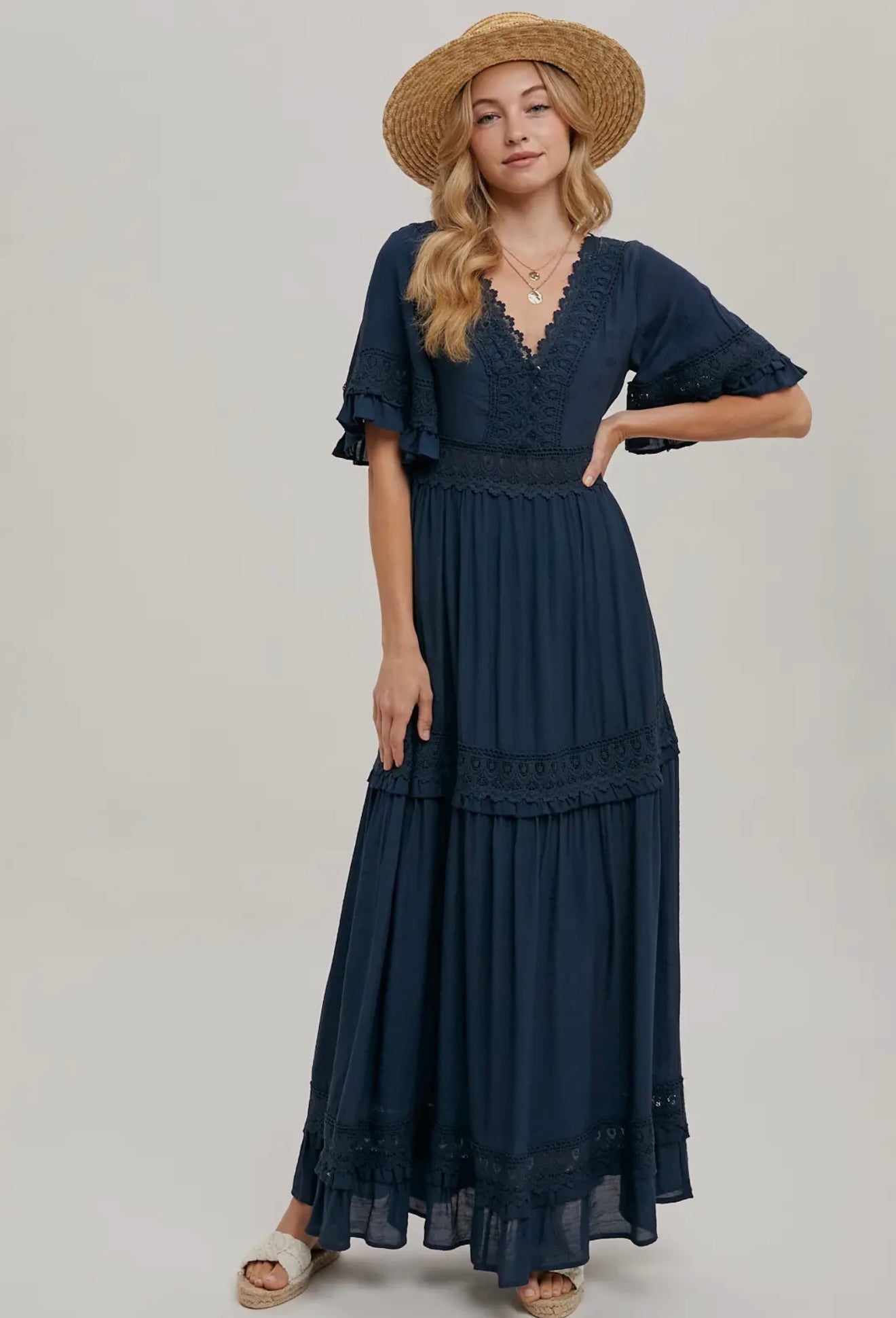 Navy V-Neck Lace Trim Maxi Dress