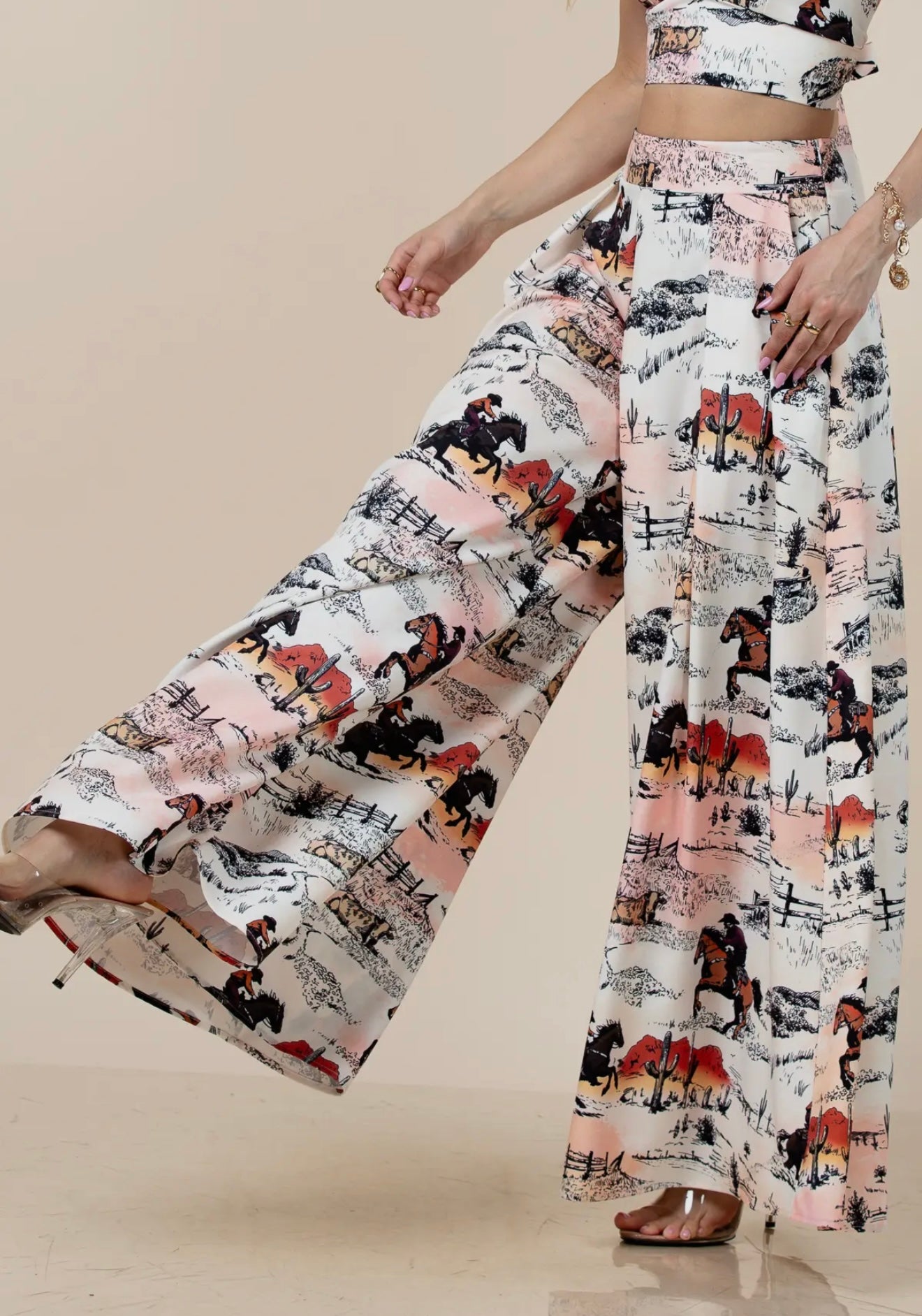 Hilda Vintage Western Horse
Print Wide Leg Pants