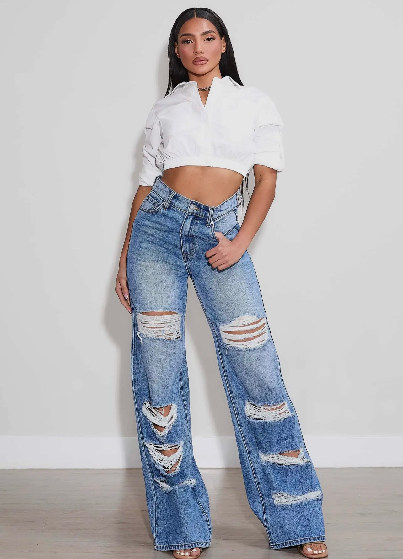 Tilly High-Rise Distressed Wide Leg Jeans