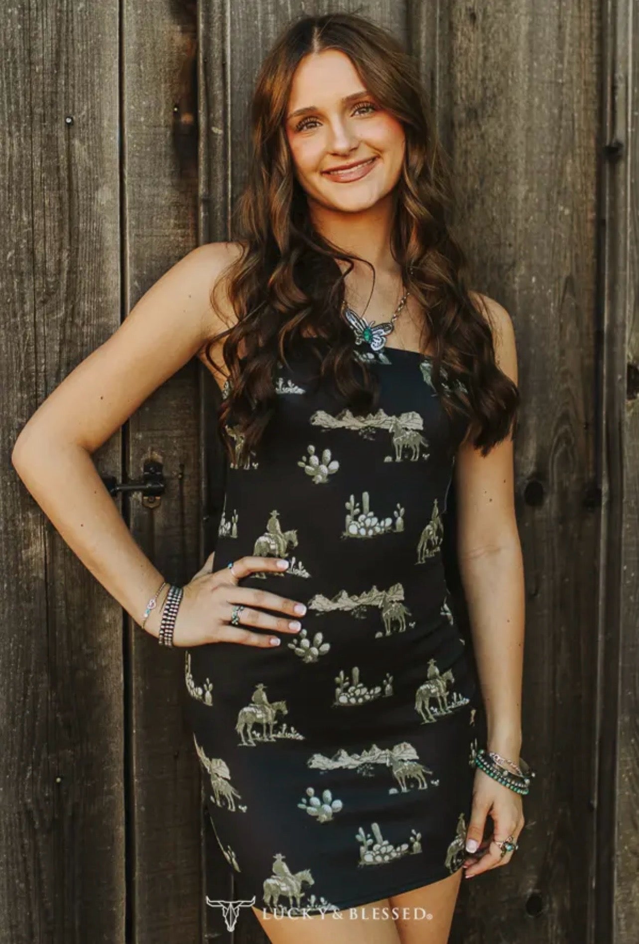 Black Western Cowboy Desert Printed Strapless Dress