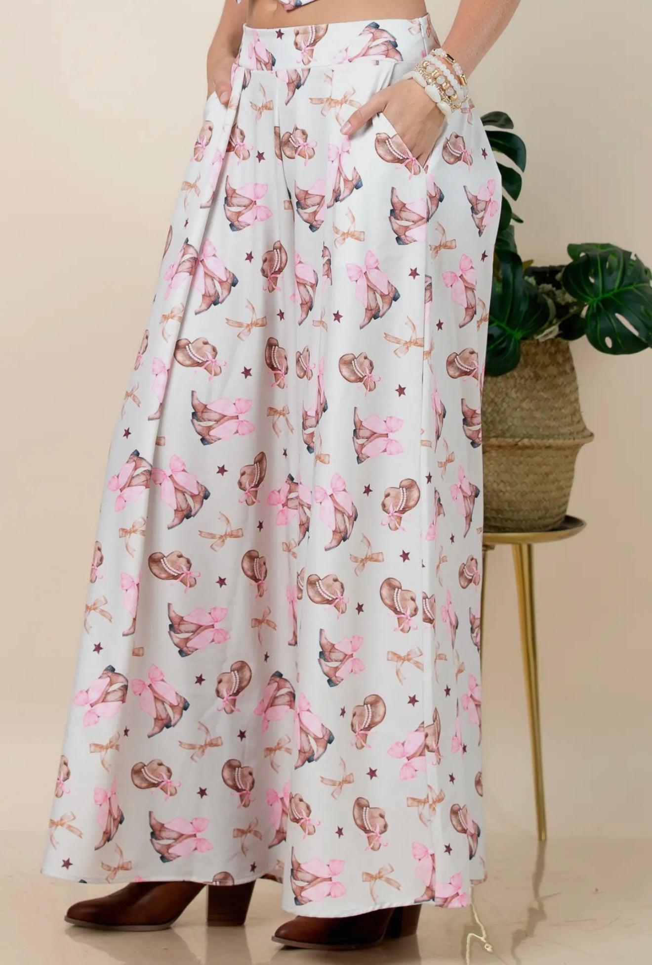 Evie Coquette Ribbon Print
Wide Leg Palazzo Pants