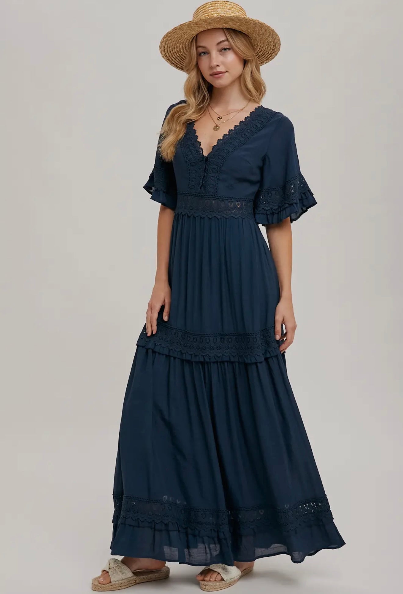 Navy V-Neck Lace Trim Maxi Dress