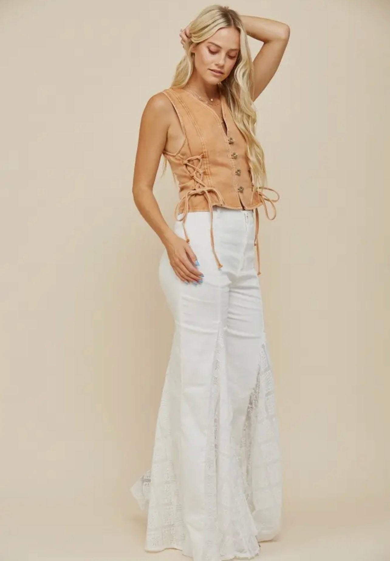 Rust Boho Denim Vest Top with Lace Up Sides