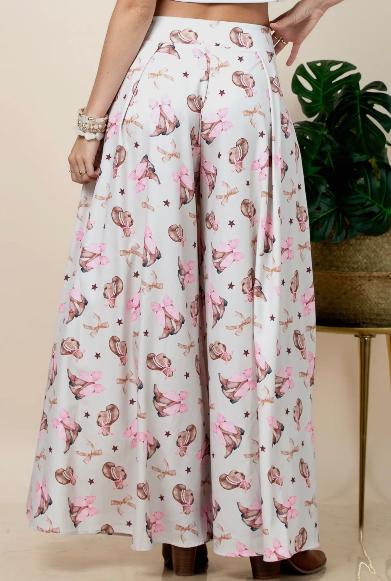 Evie Coquette Ribbon Print
Wide Leg Palazzo Pants