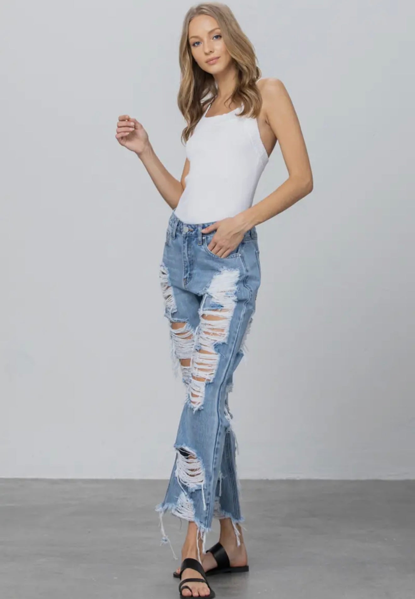High Rise Heavy Destroyed Frayed Hem Straight Jeans