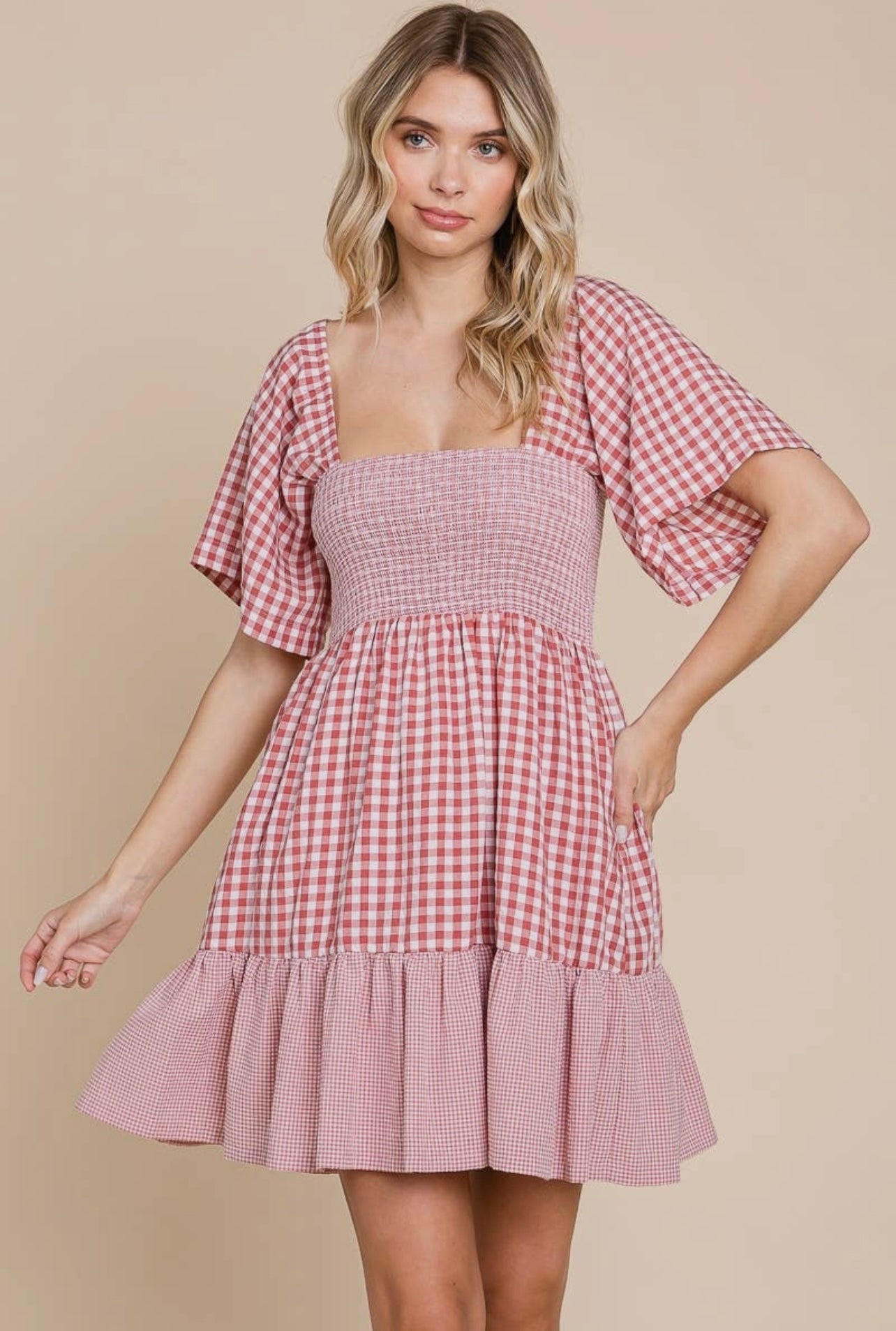 Plaid Color Block Smocked Dress