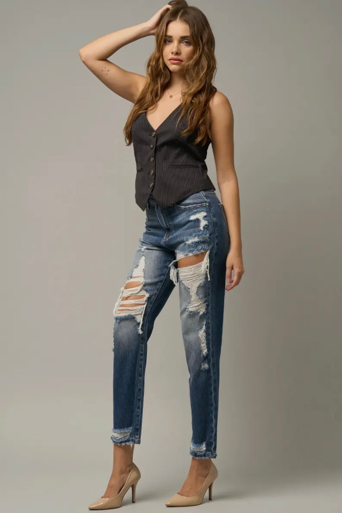 High Rise Heavy Destroyed Straight
Crop Jeans