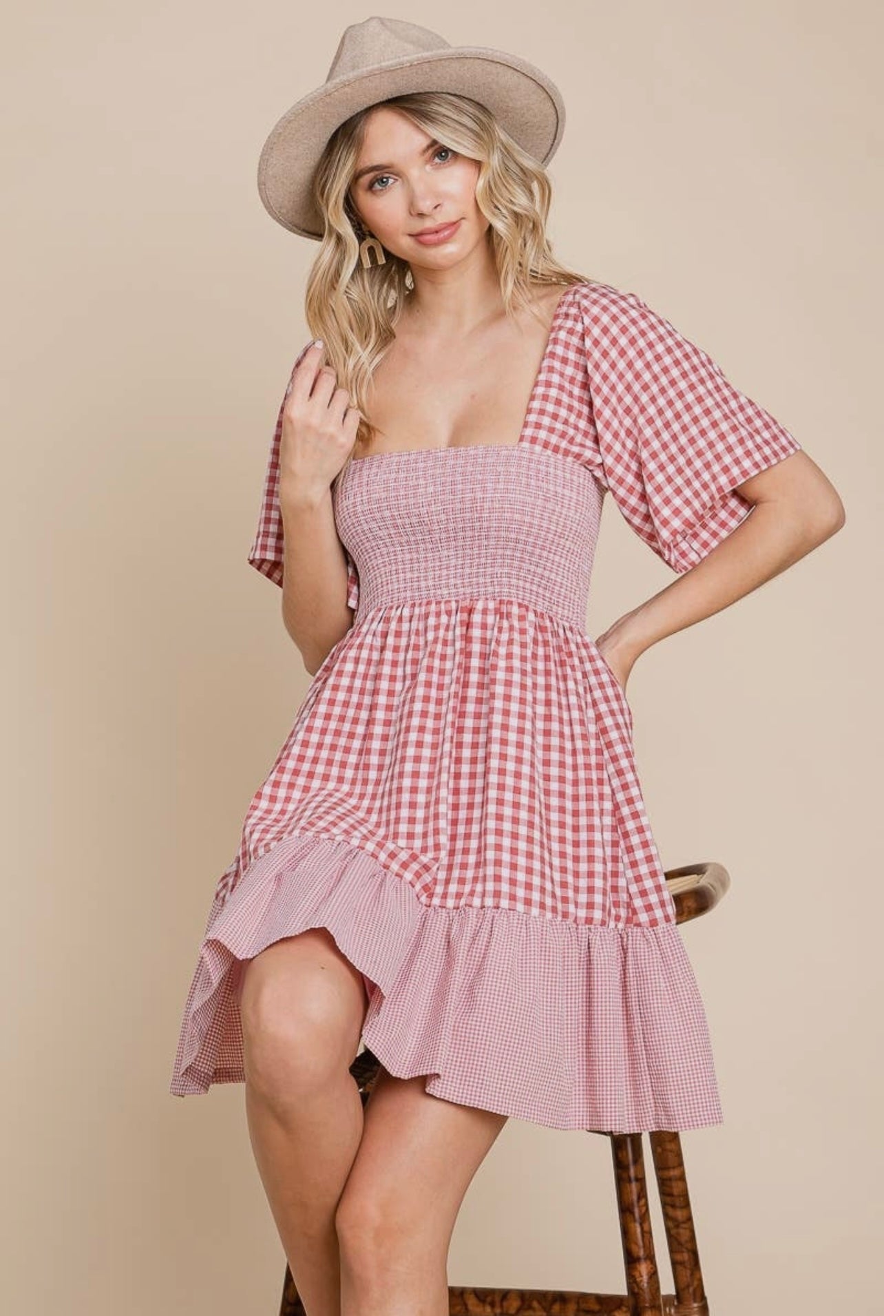 Plaid Color Block Smocked Dress