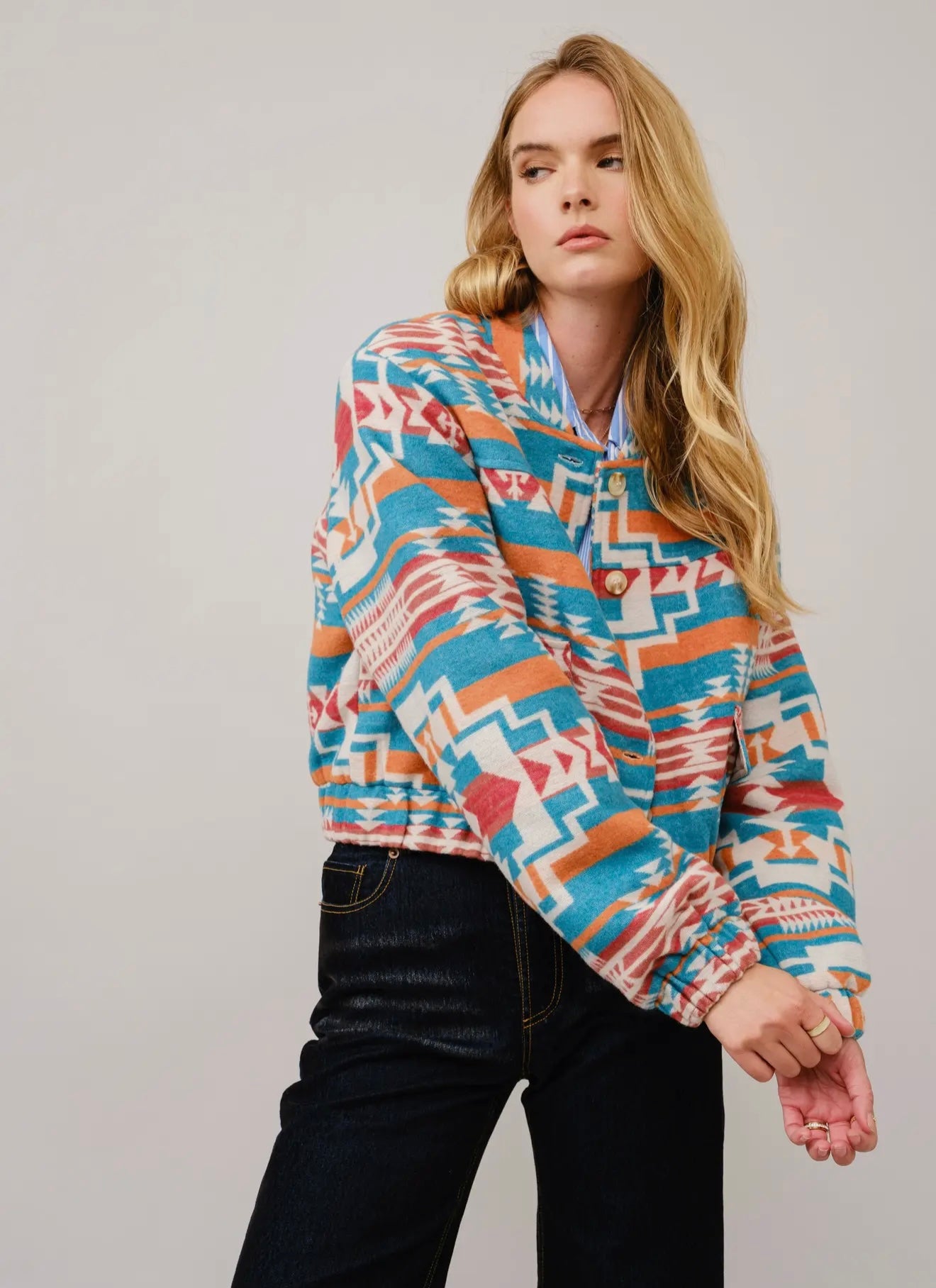 Jacquard Aztec Snap Up
Bomber Jacket