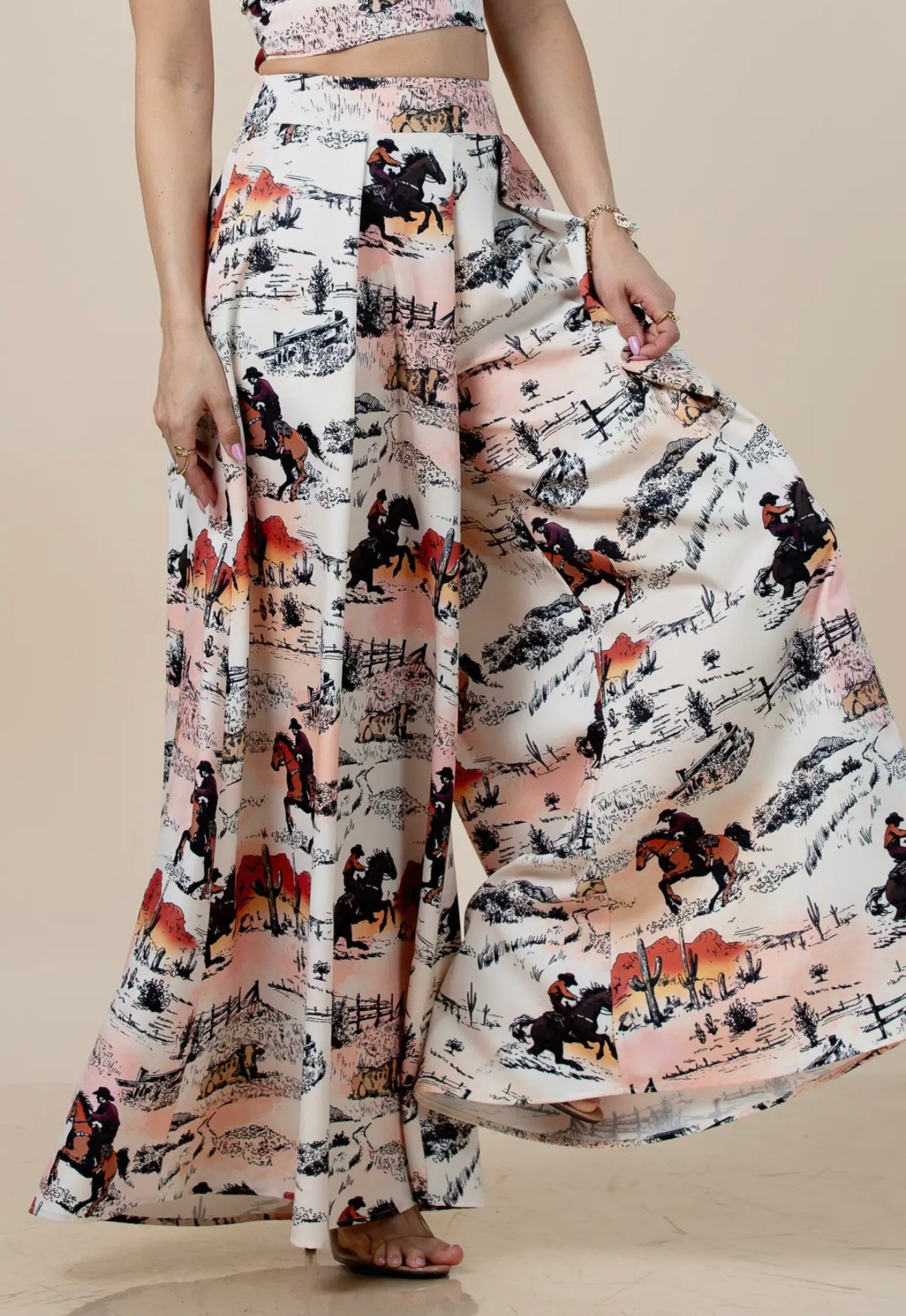 Hilda Vintage Western Horse
Print Wide Leg Pants