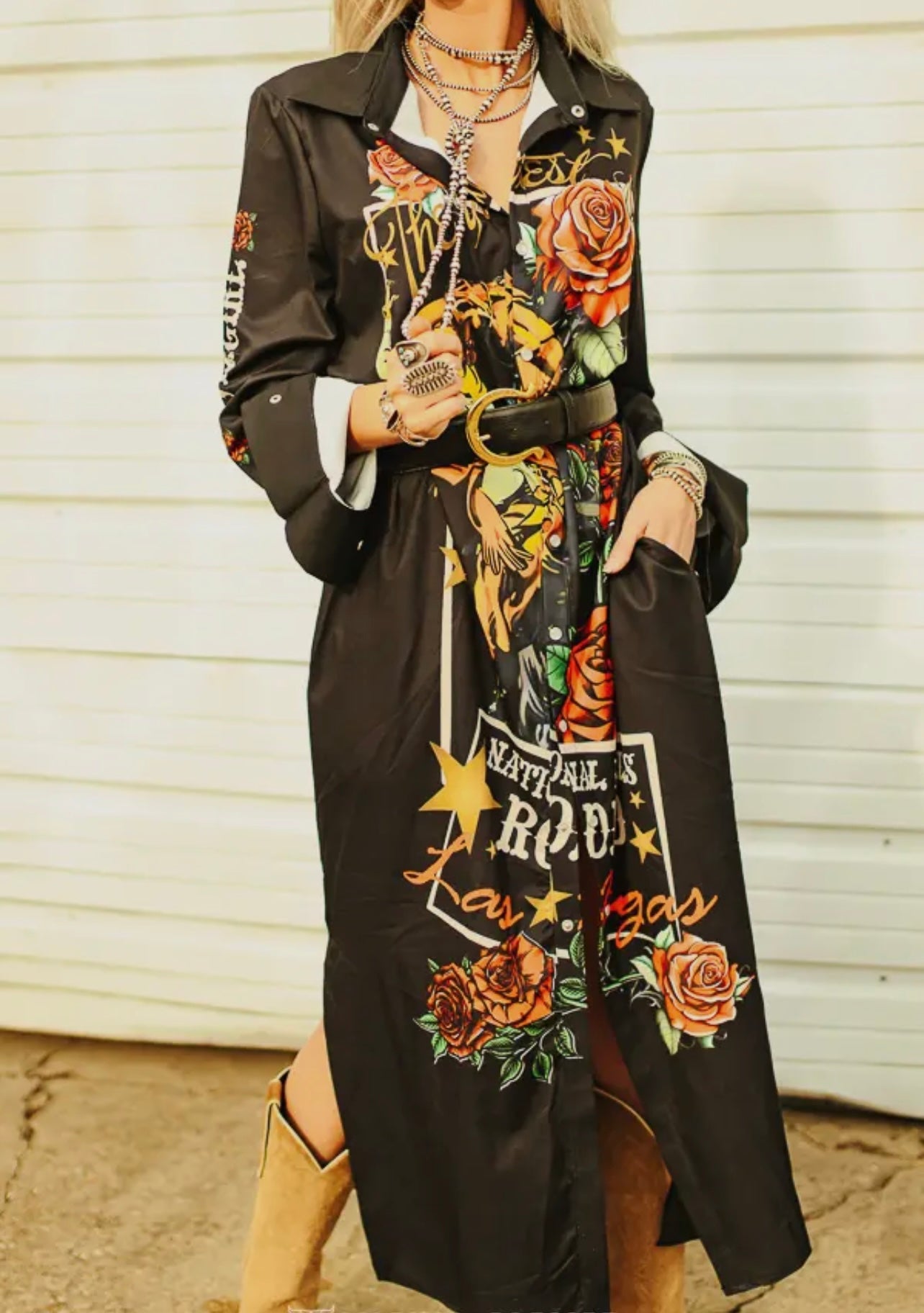 Black Rodeo Horse Rose Button Down
Maxi Shirt Dress Duster