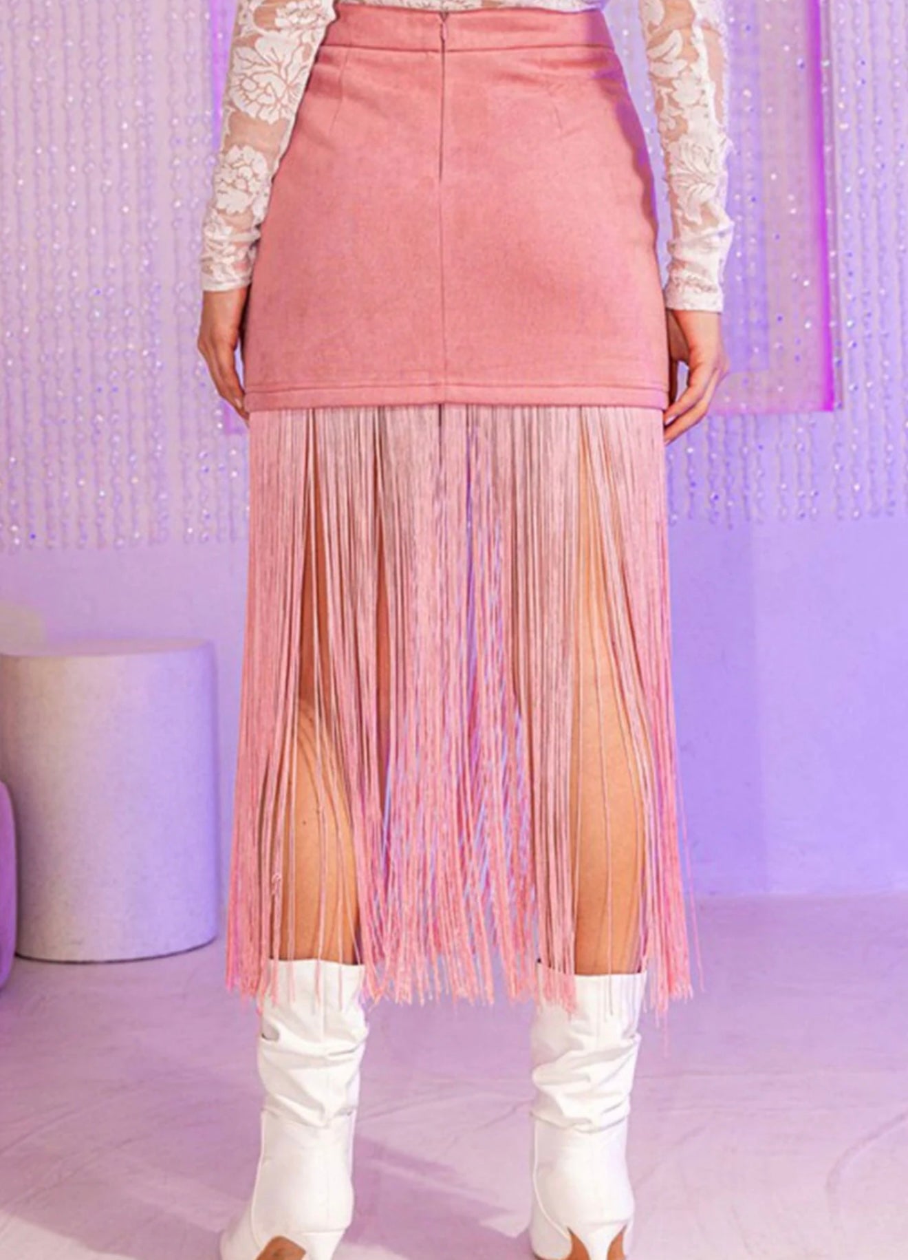 Stretch Faux Suede Fringe Detail Skirt in Mauve