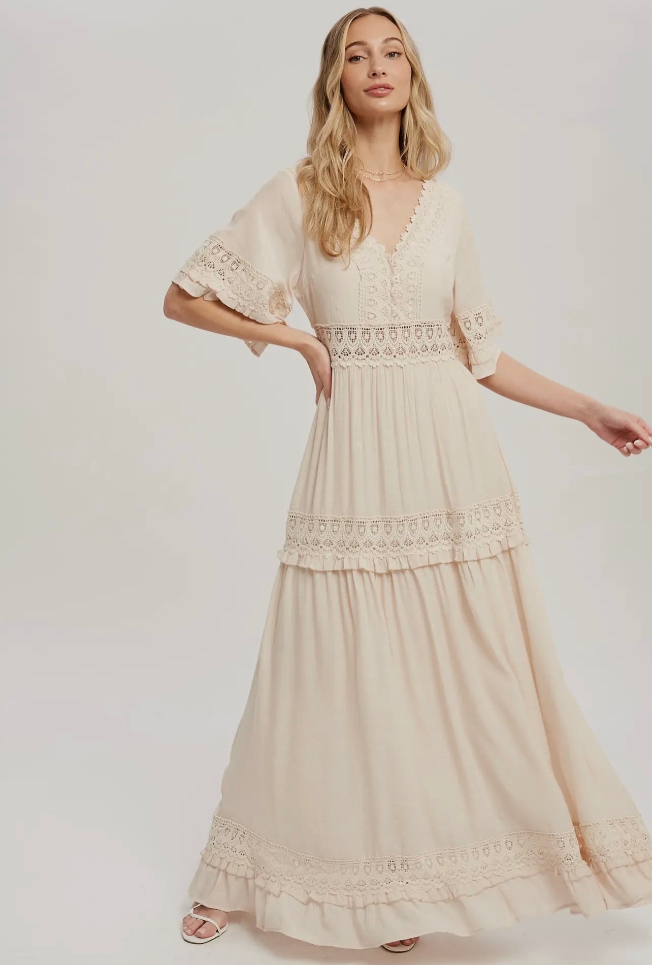 V-Neck Lace Trim Maxi Dress