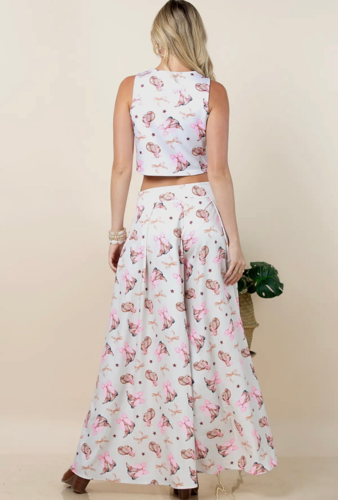 Evie Coquette Ribbon Print
Wide Leg Palazzo Pants