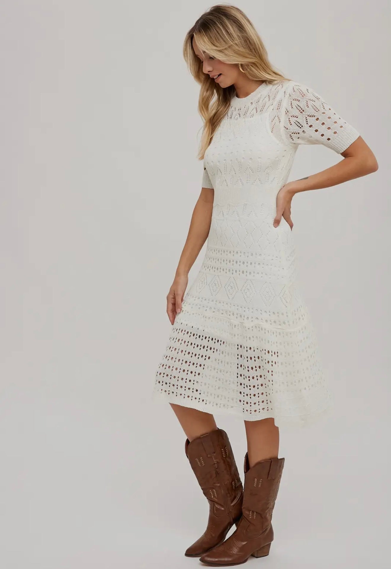 Open Knit Crochet Midi Dress with Liner