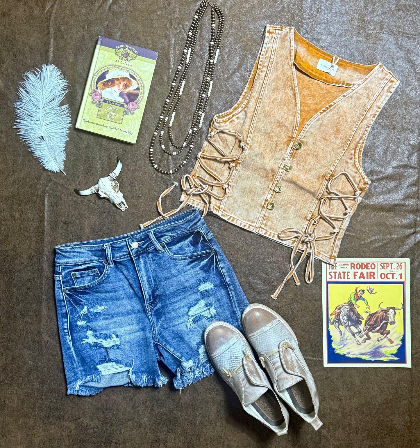 Rust Boho Denim Vest Top with Lace Up Sides
