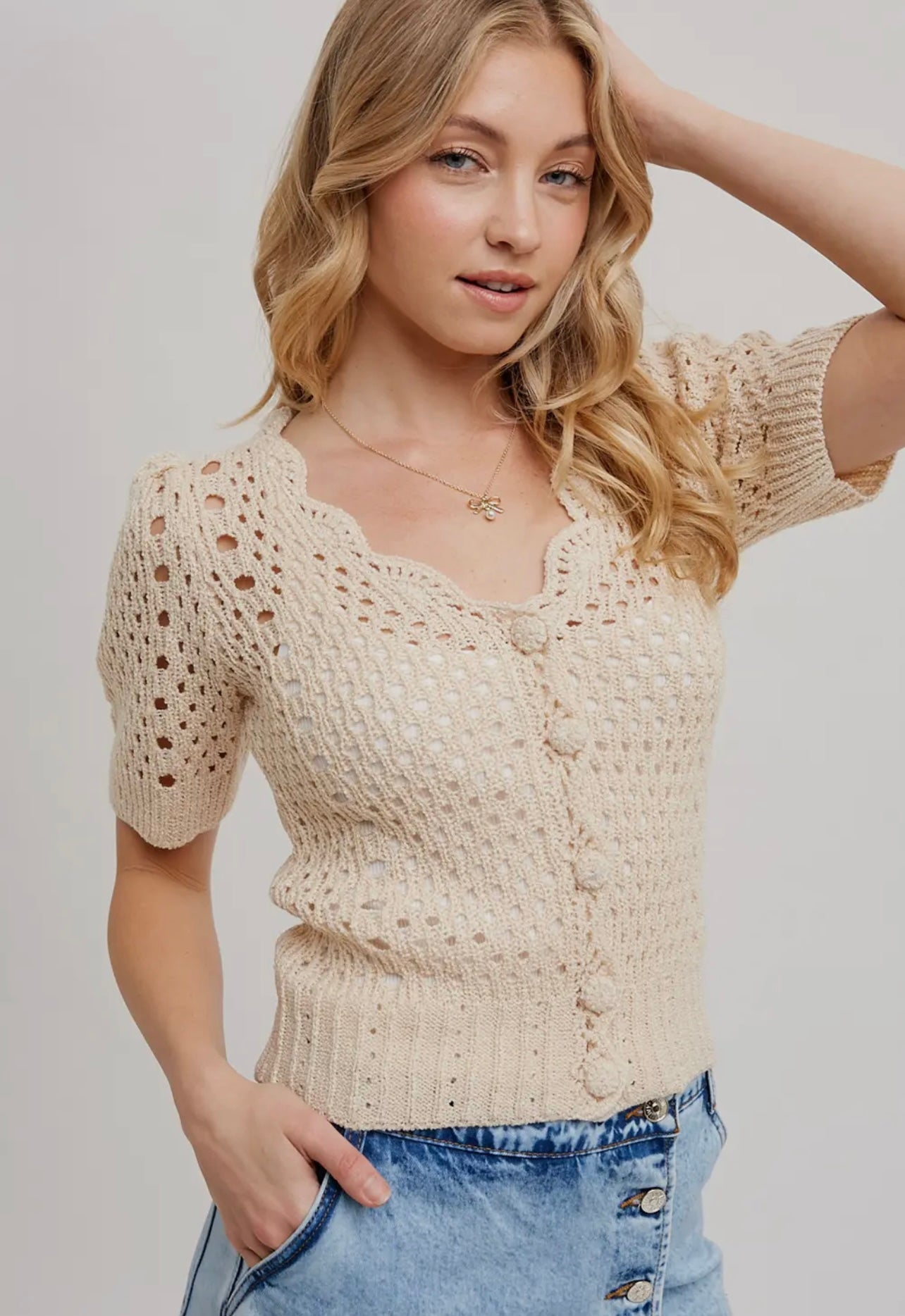 Crochet Button Down V-Neck Top