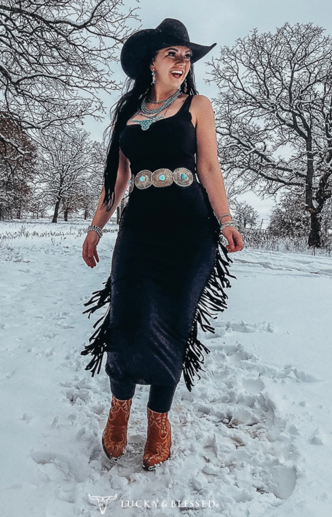 BLACK SLEEVELESS TANK STRAP MAXI DRESS W FRINGE SIDE