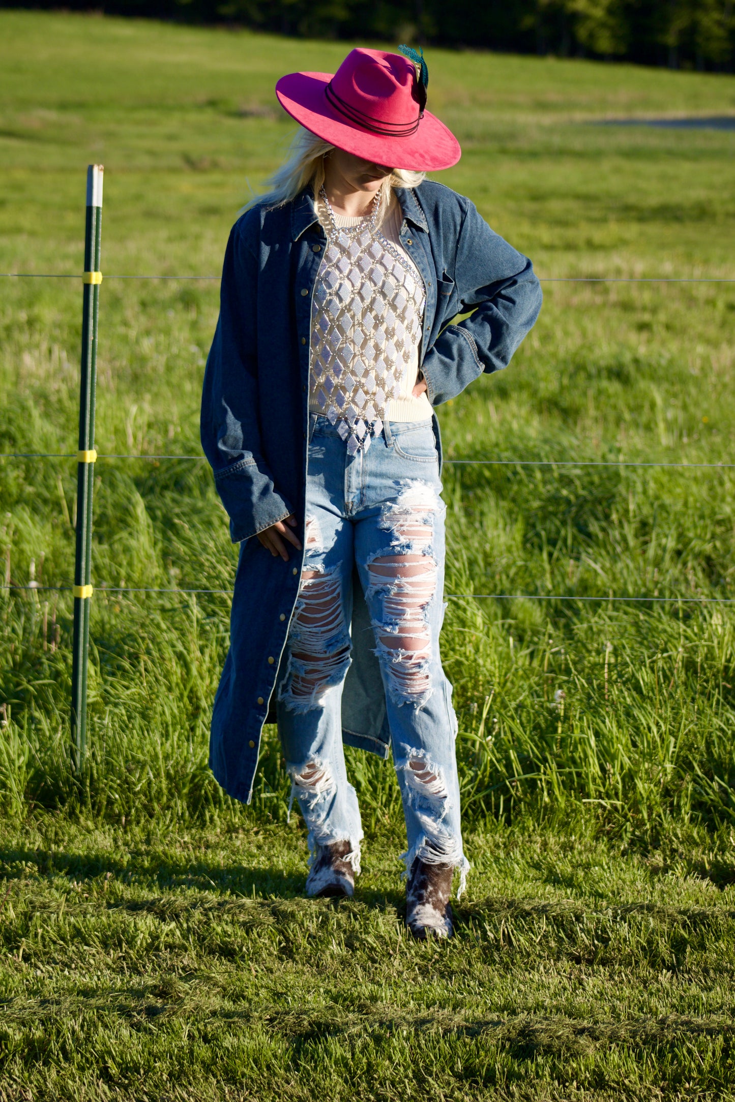 High Rise Heavy Destroyed Frayed Hem Straight Jeans