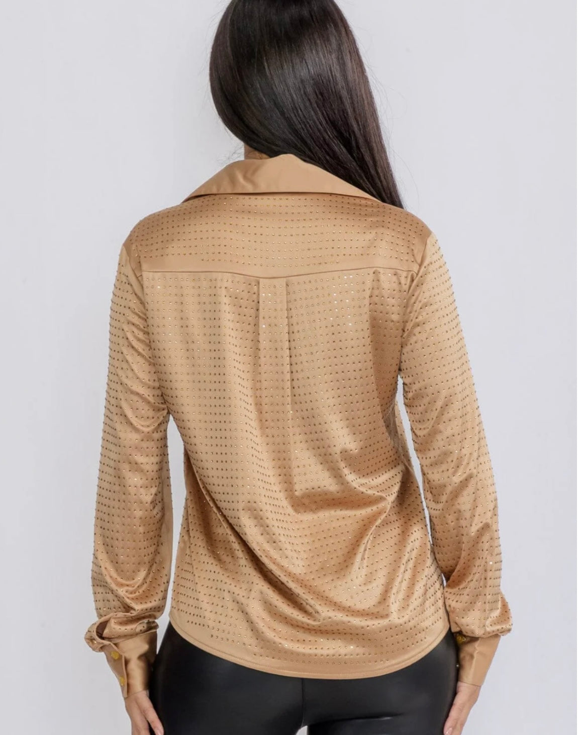 LONG SLEEVE BUTTON UP STUDS DETAILES BLOUSE in taupe
