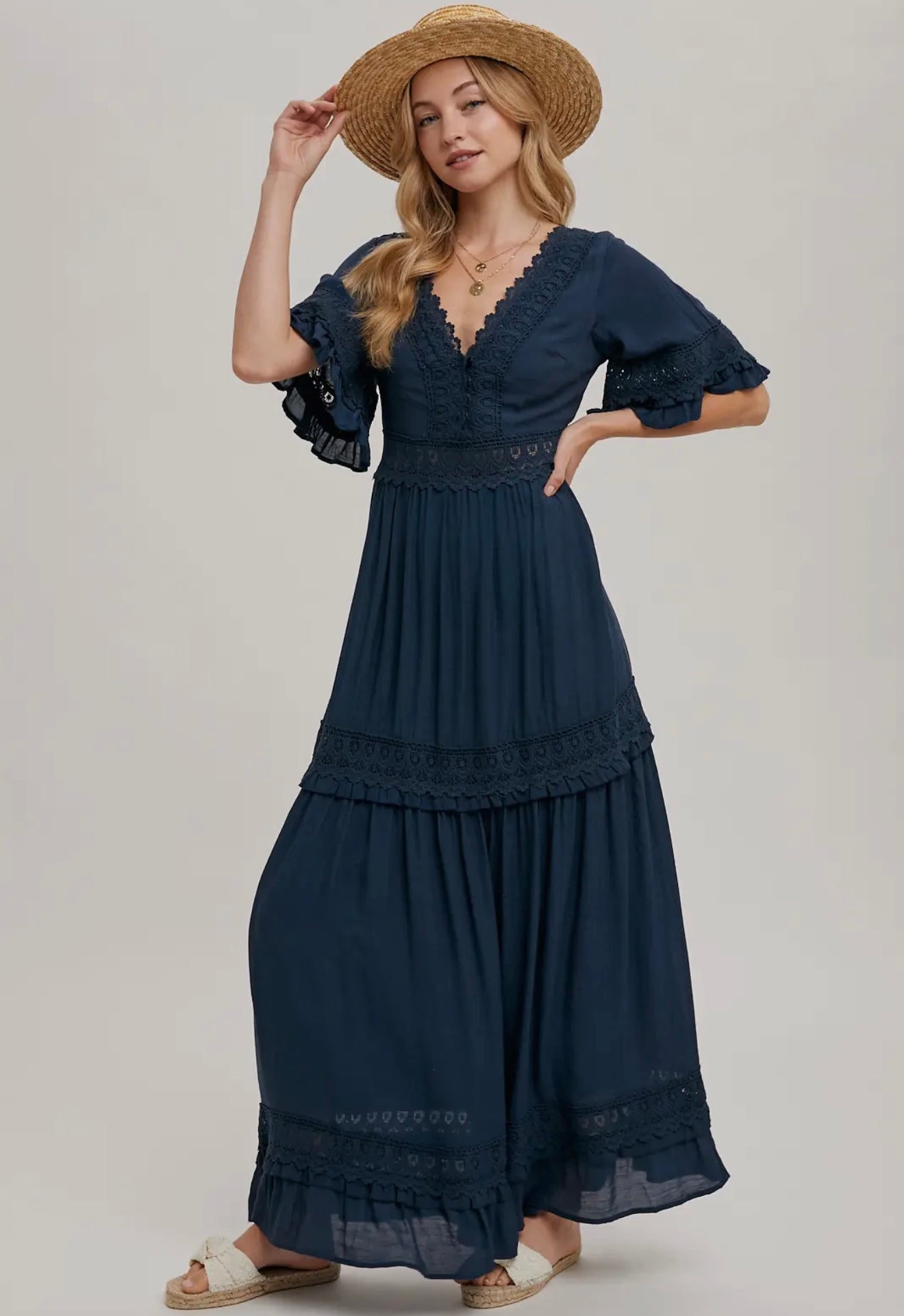Navy V-Neck Lace Trim Maxi Dress
