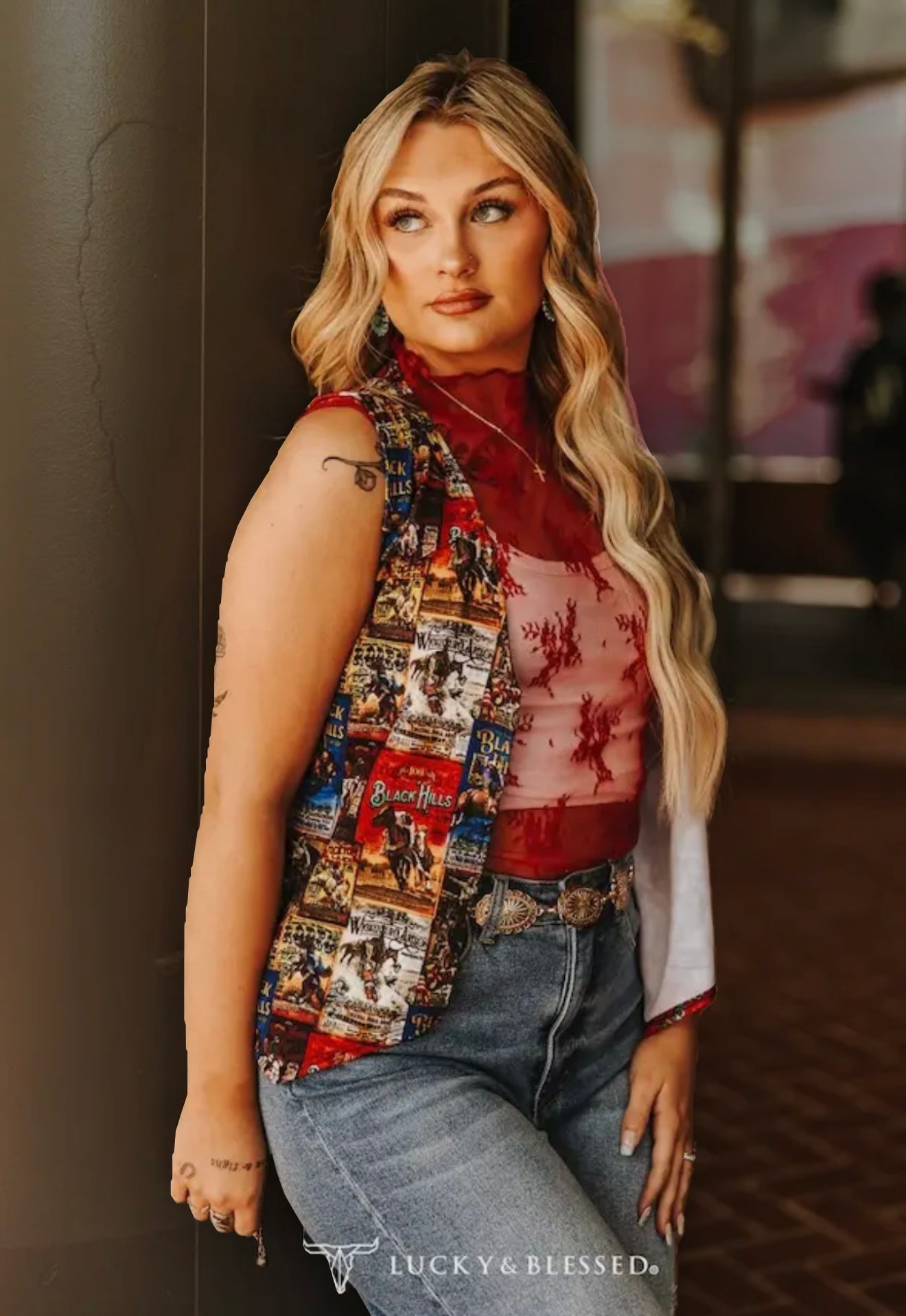 Oversized Vintage Western Collage Printed Sleeveless Vest